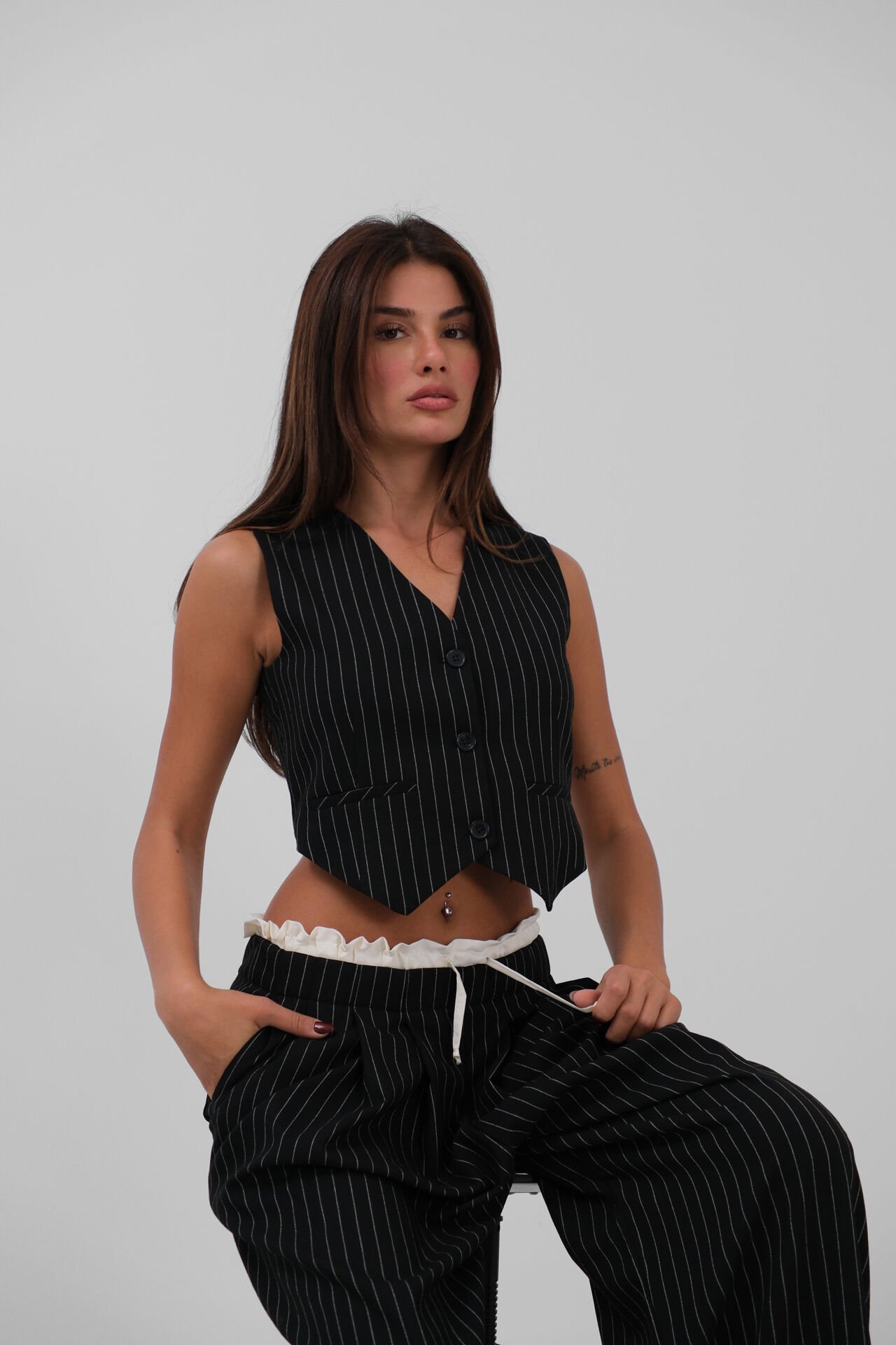 Wholesale Satin Garnished Low Waist Striped Trousers