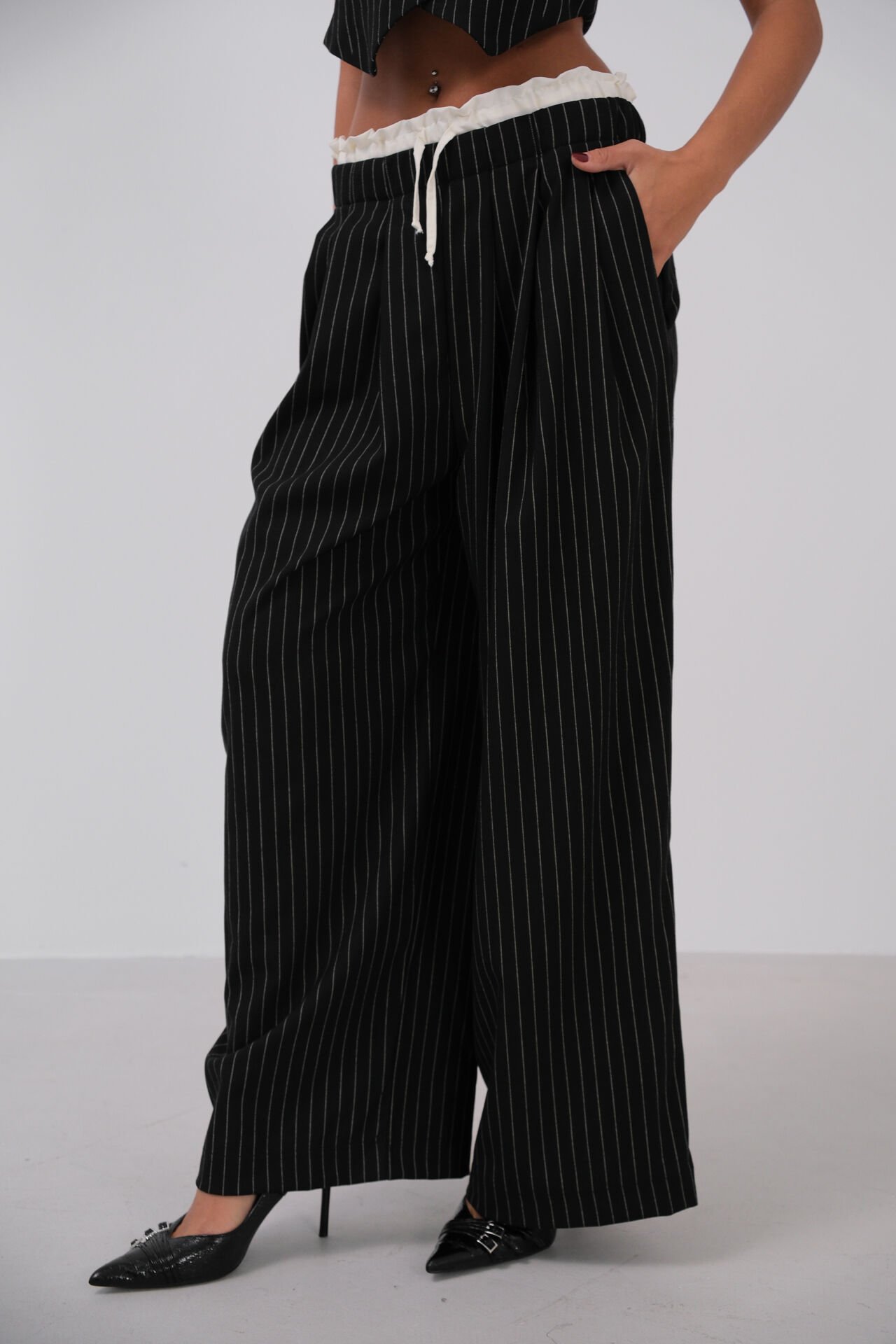 Wholesale Satin Garnished Low Waist Striped Trousers
