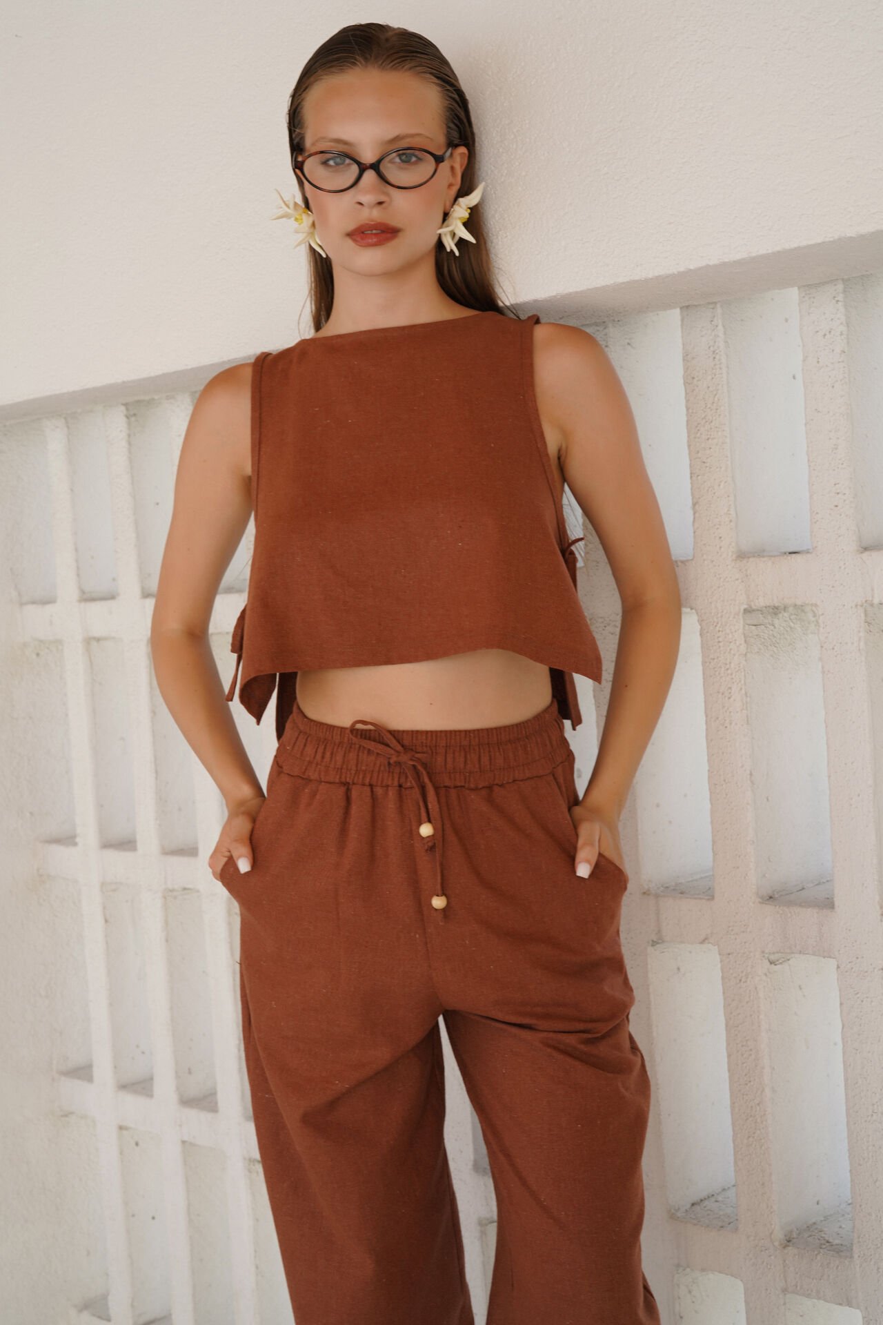 Toptan Yandan Bağlamalı Crop Kahverengi Bluz