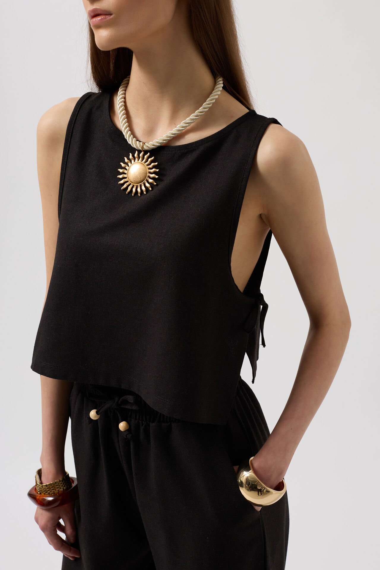 Wholesale Side Tie Crop Black Blouse