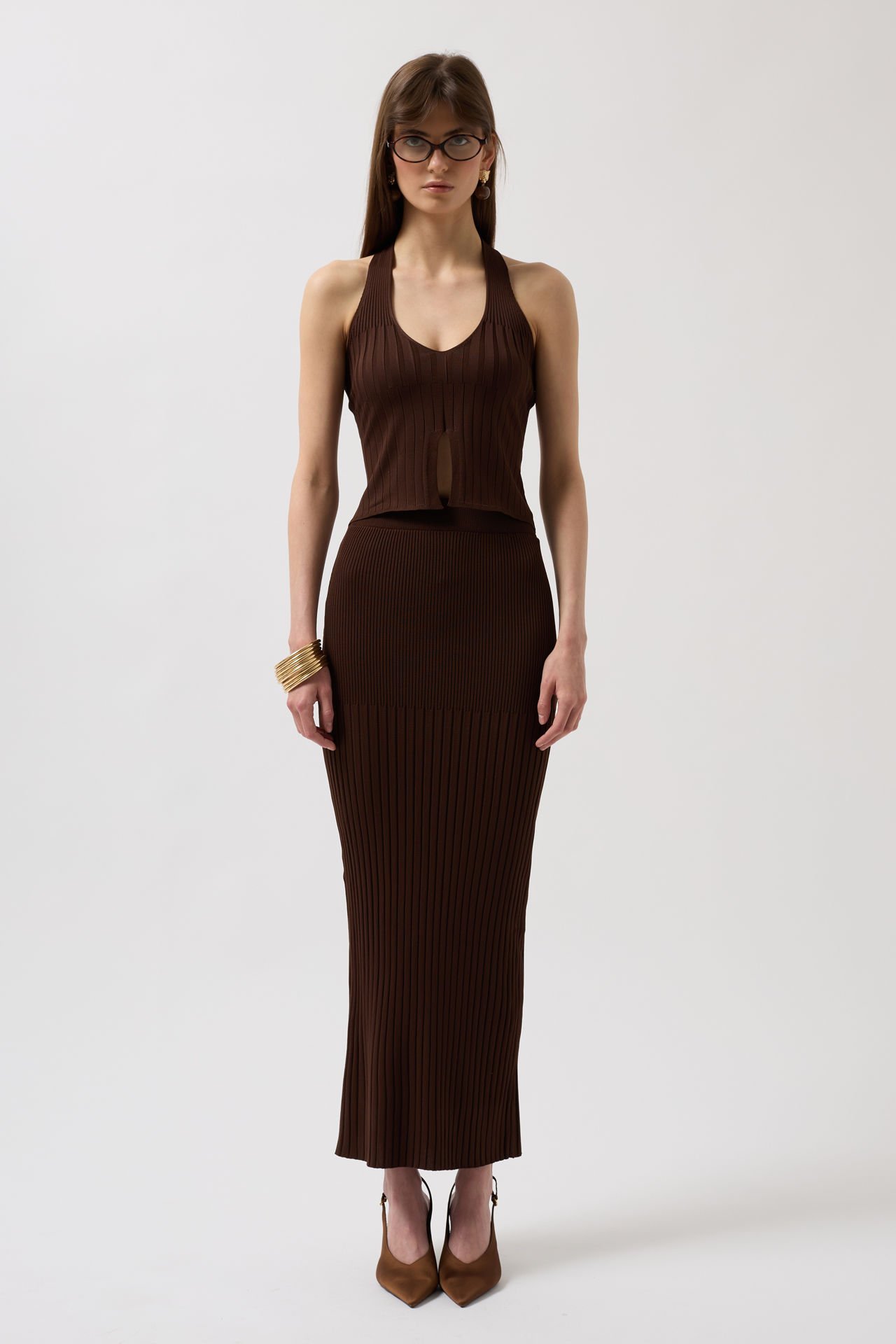 Toptan V Detay Dokulu Crop Kahverengi Bluz