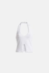 Toptan V Detay Dokulu Crop Beyaz Bluz