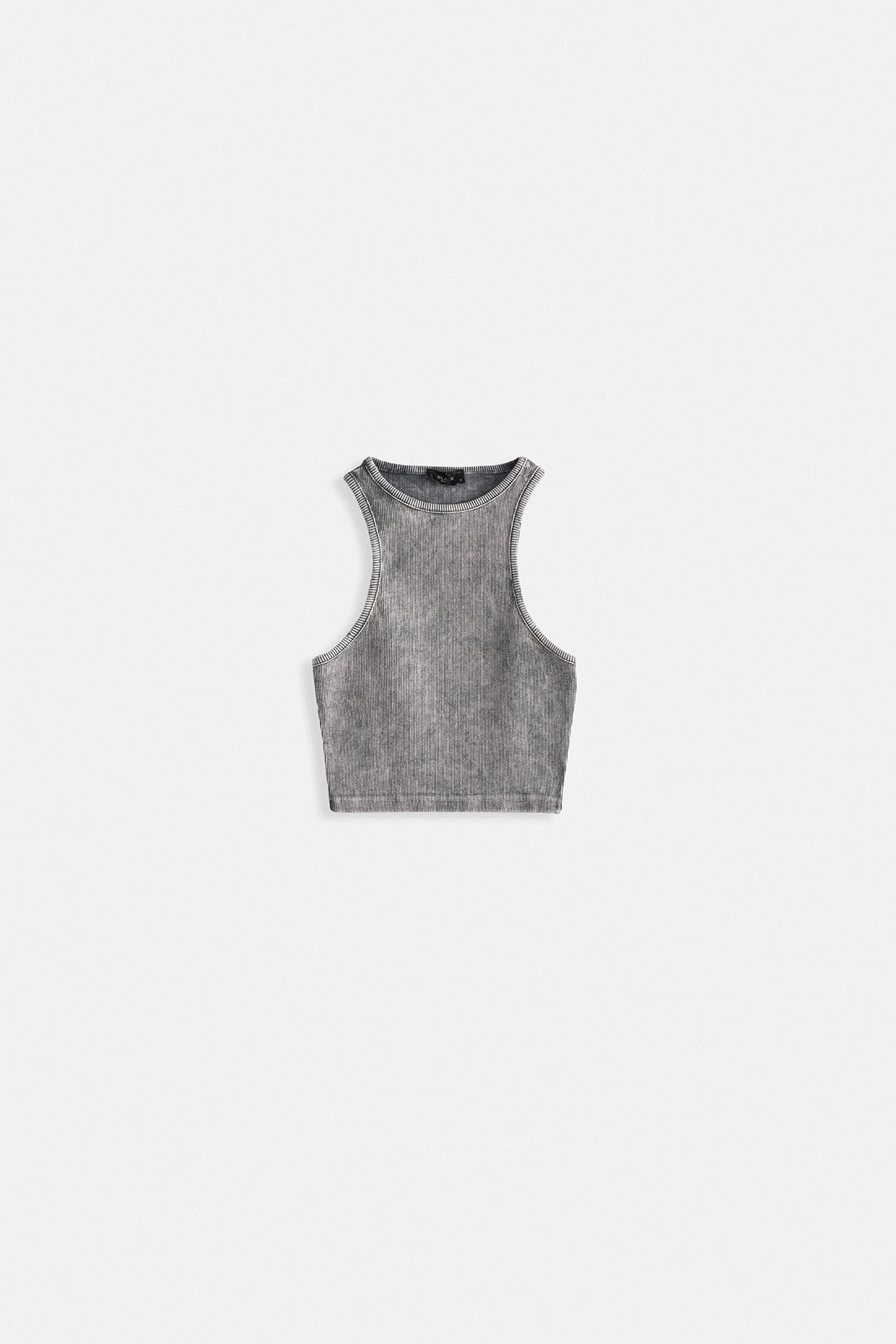 Toptan Yıkamalı Halter Yaka Crop Gri Bluz