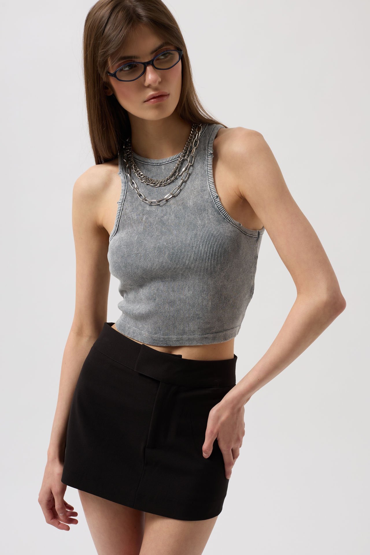Toptan Yıkamalı Halter Yaka Crop Gri Bluz