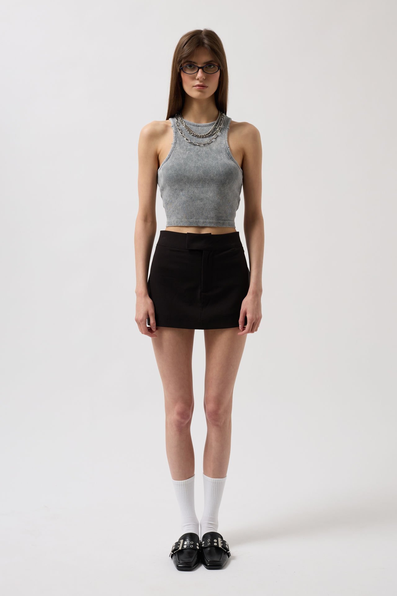 Toptan Yıkamalı Halter Yaka Crop Gri Bluz