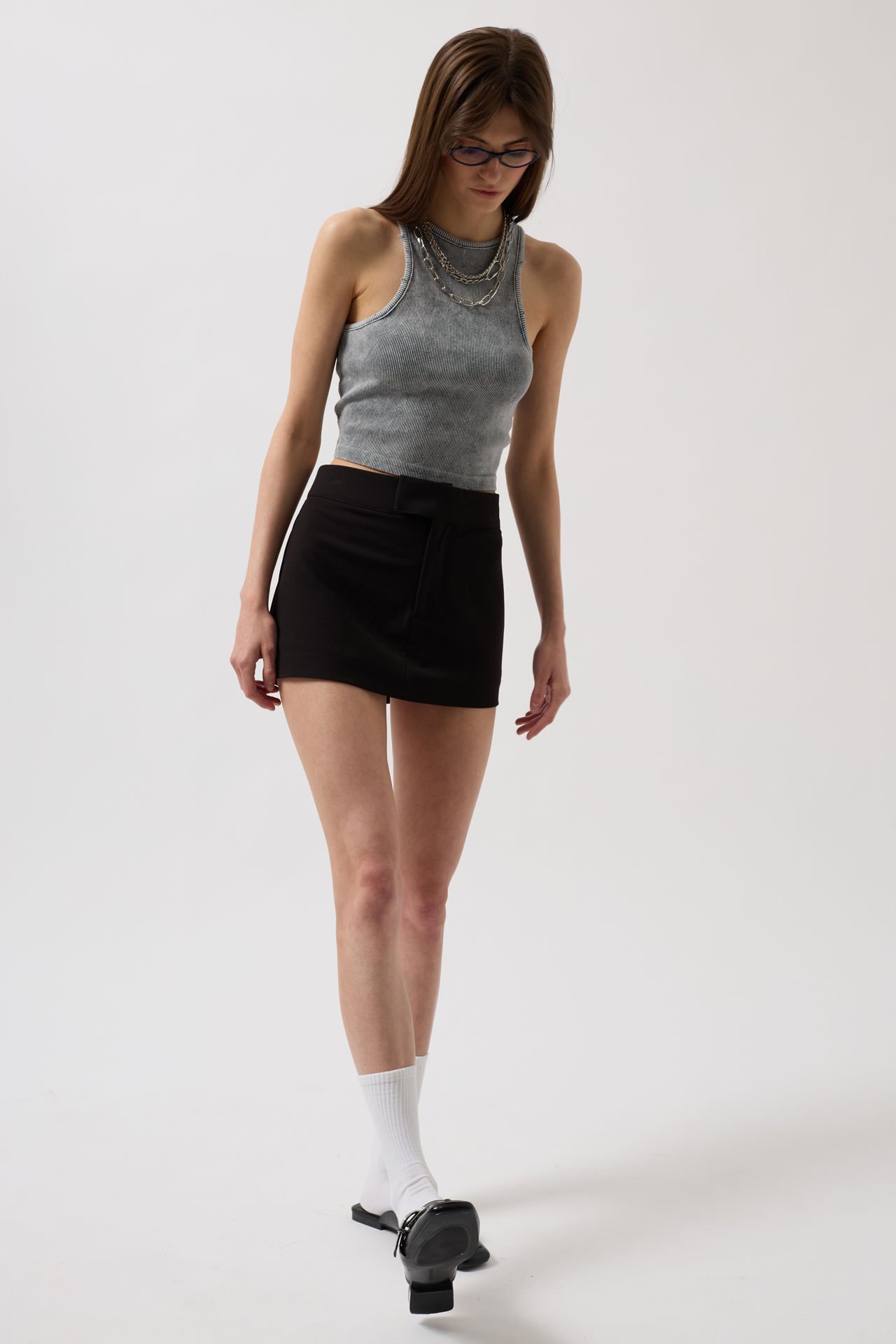 Toptan Yıkamalı Halter Yaka Crop Gri Bluz