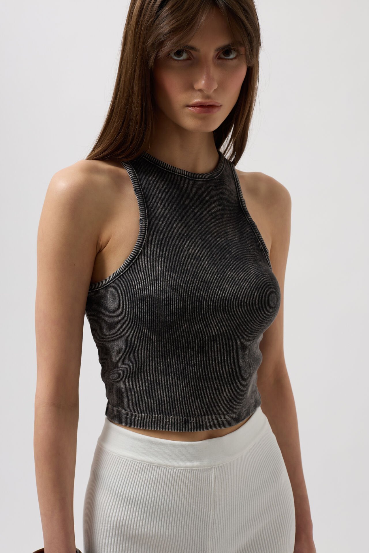 Toptan Yıkamalı Halter Yaka Crop Siyah Bluz