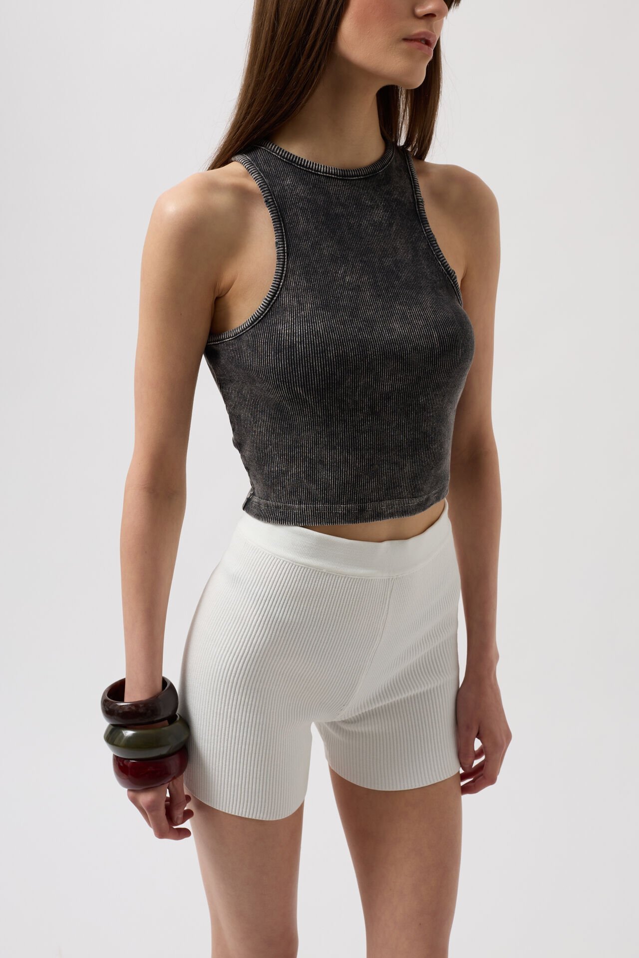 Toptan Yıkamalı Halter Yaka Crop Siyah Bluz