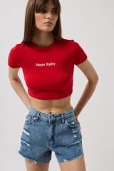 Toptan Nepo Baskılı Crop Kırmızı T-Shirt