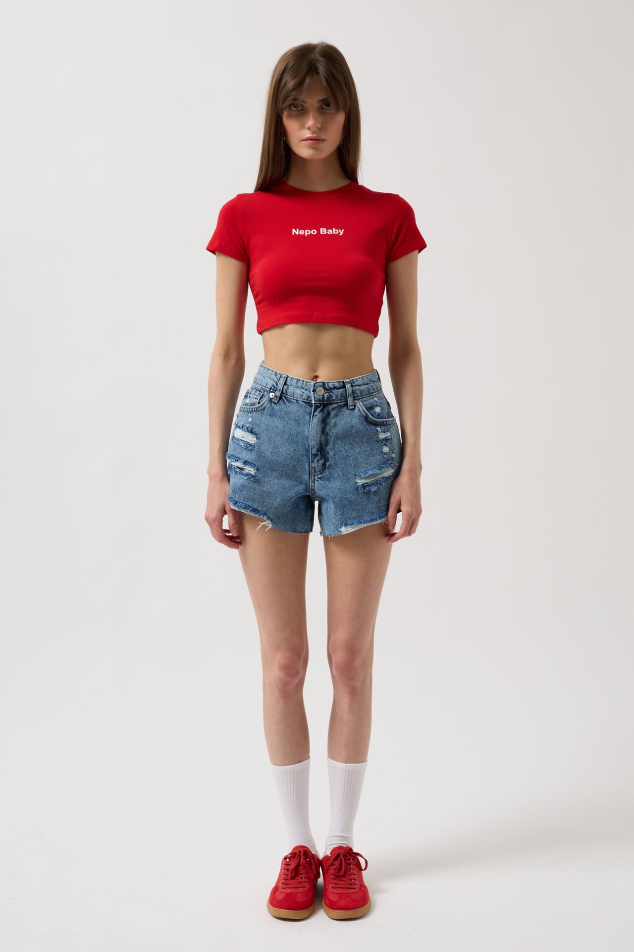 Toptan Nepo Baskılı Crop Kırmızı T-Shirt