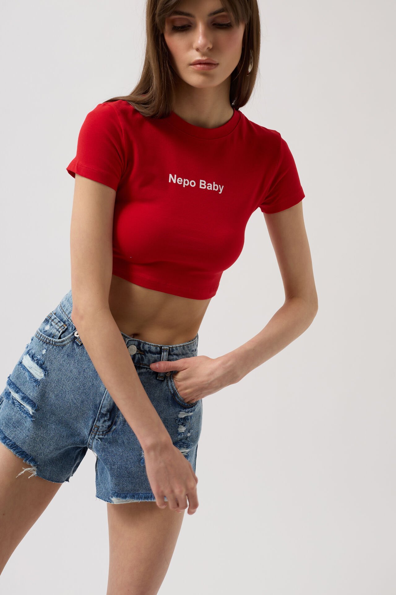 Toptan Nepo Baskılı Crop Kırmızı T-Shirt