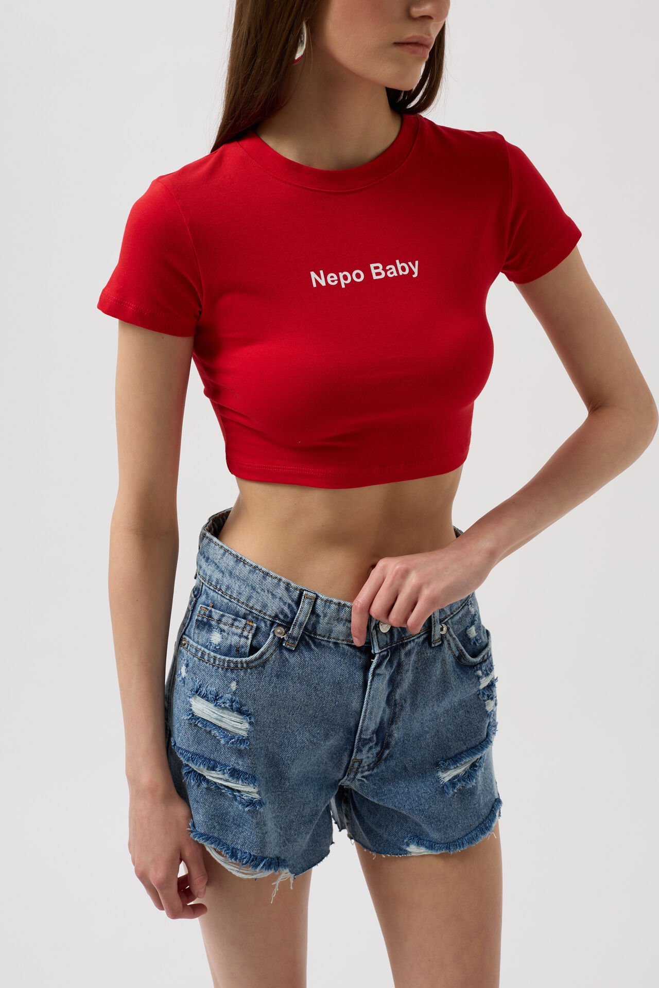 Toptan Nepo Baskılı Crop Kırmızı T-Shirt