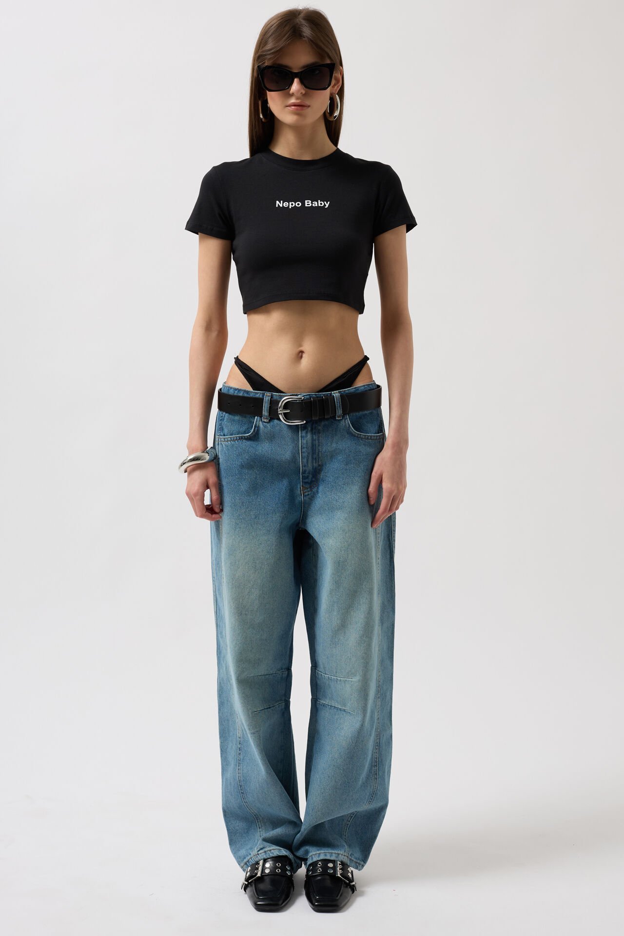 Toptan Nepo Baskılı Crop Siyah T-Shirt