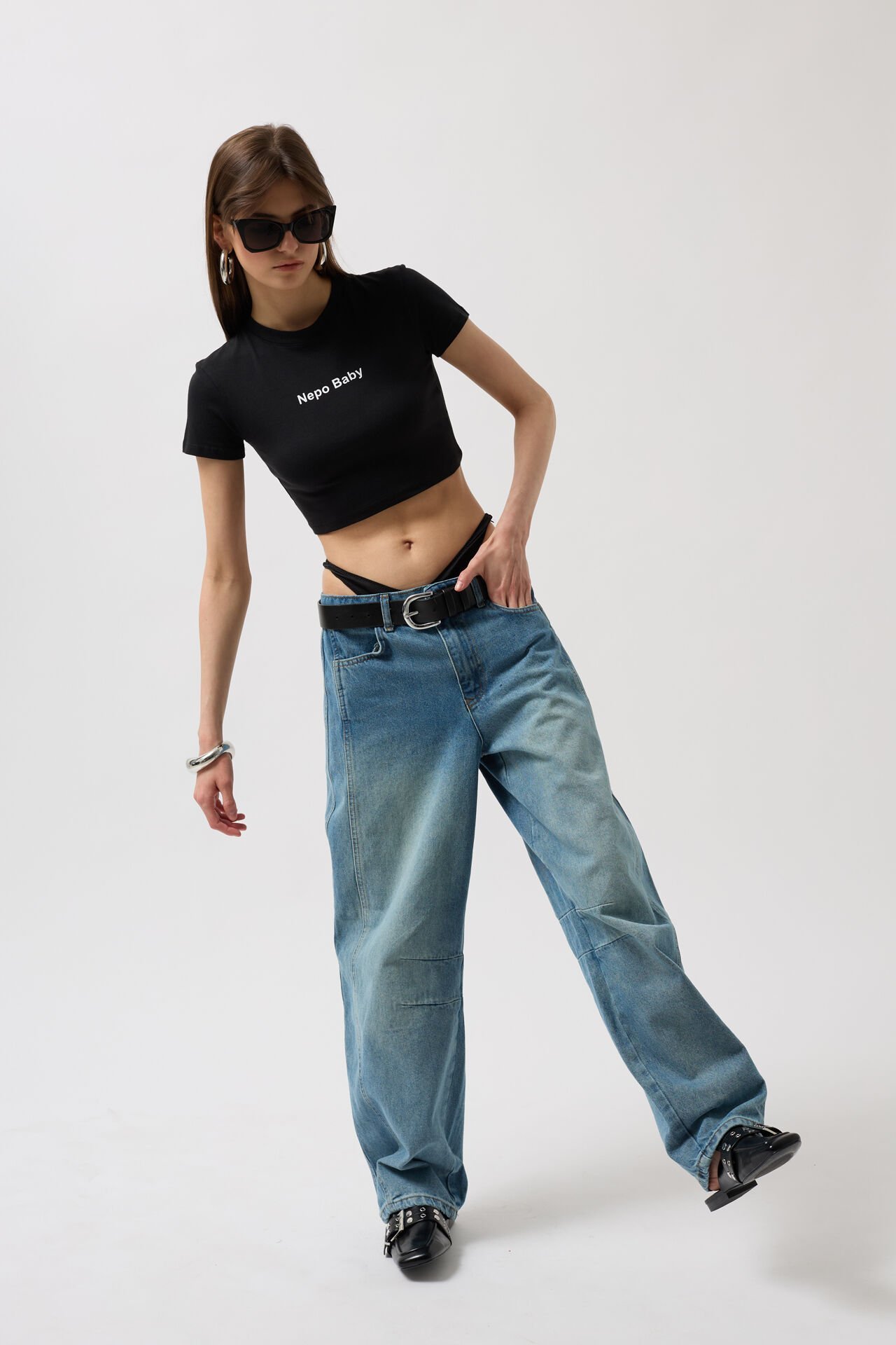 Toptan Nepo Baskılı Crop Siyah T-Shirt