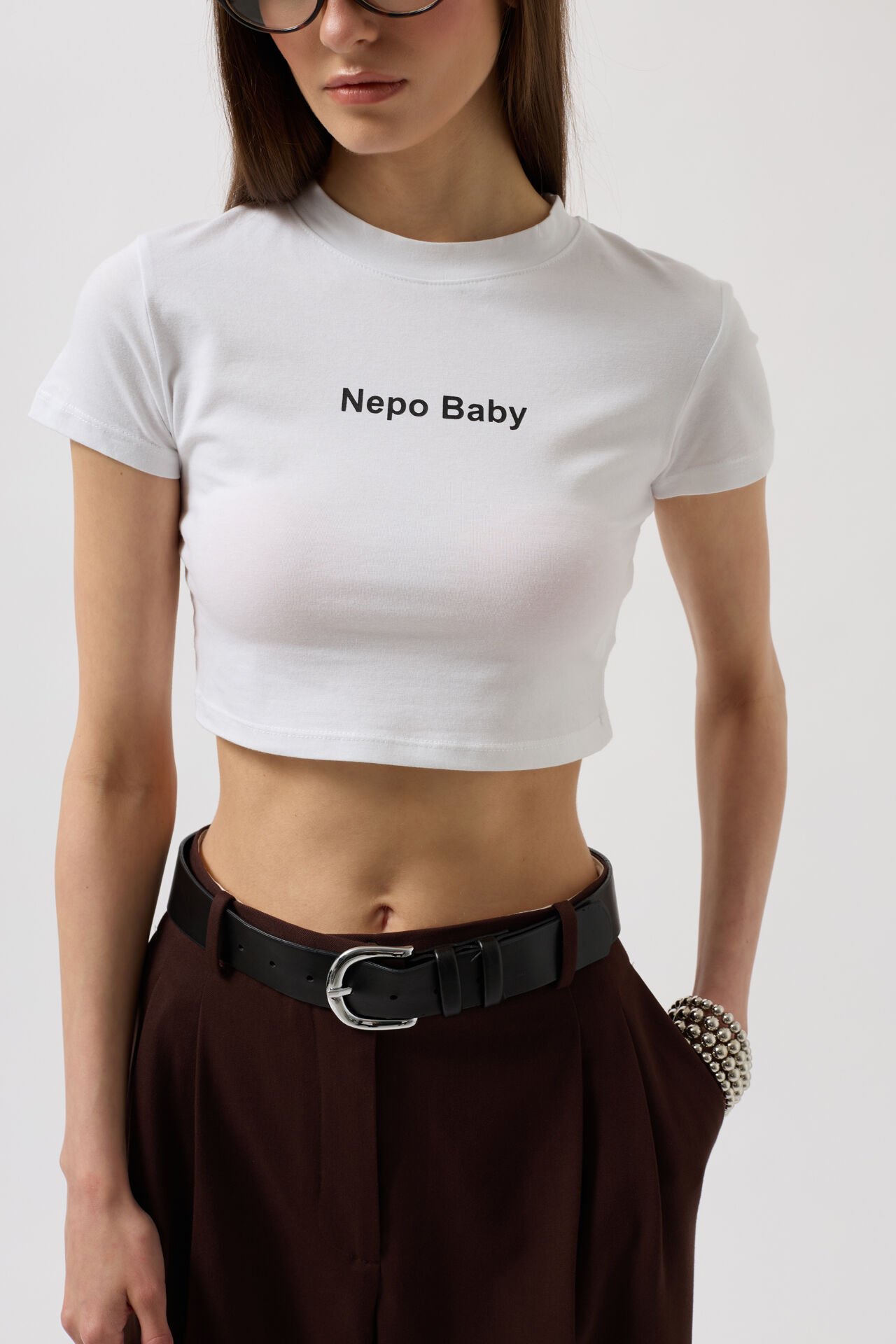 Toptan Nepo Baskılı Crop Beyaz T-Shirt