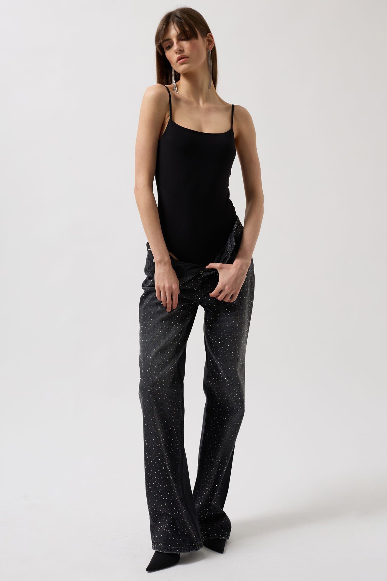 Toptan İp Askılı Siyah Bodysuit
