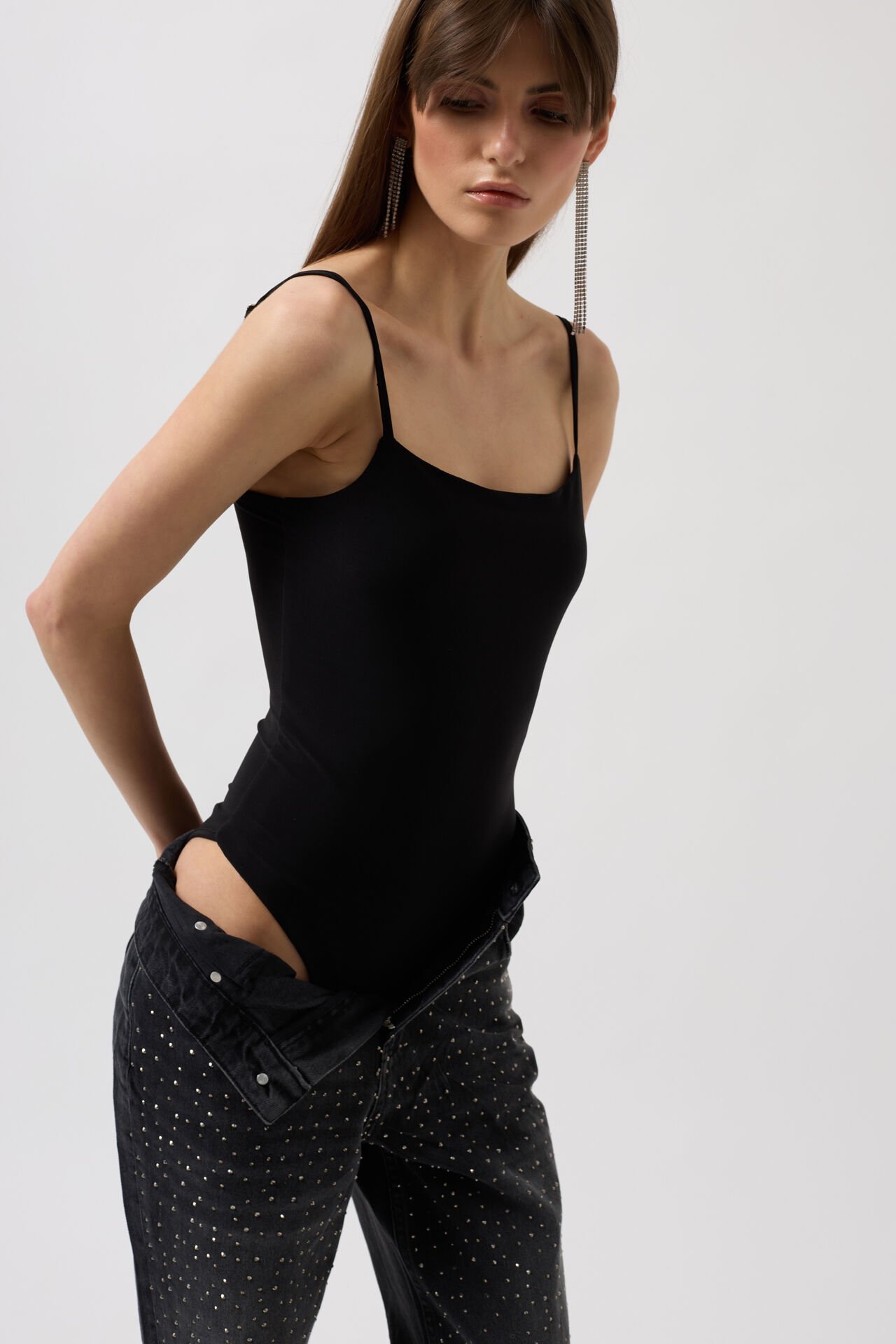 Toptan İp Askılı Siyah Bodysuit