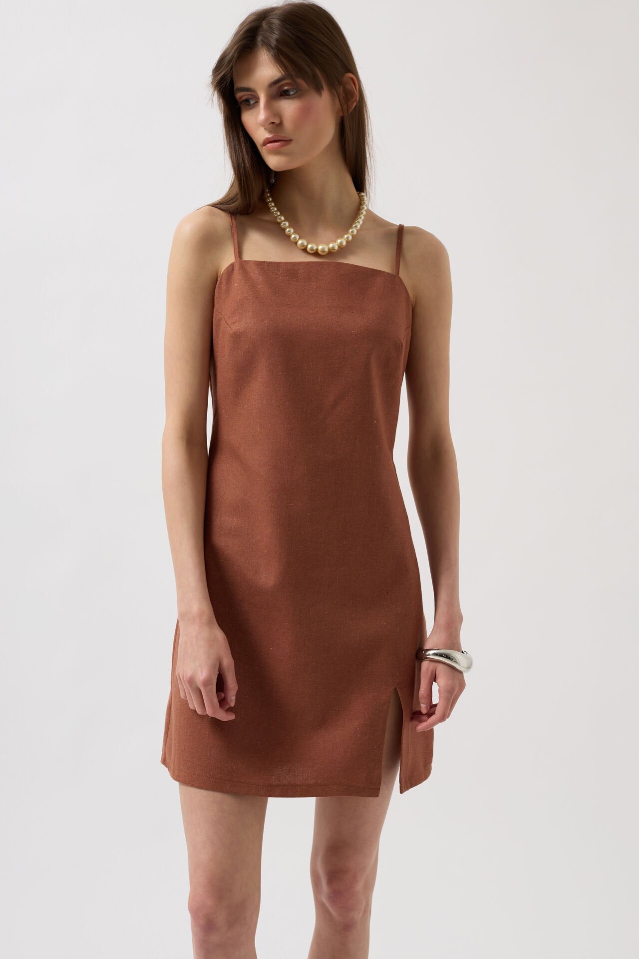 Wholesale Rope Strap Slit Detail Linen Mini Brown Dress