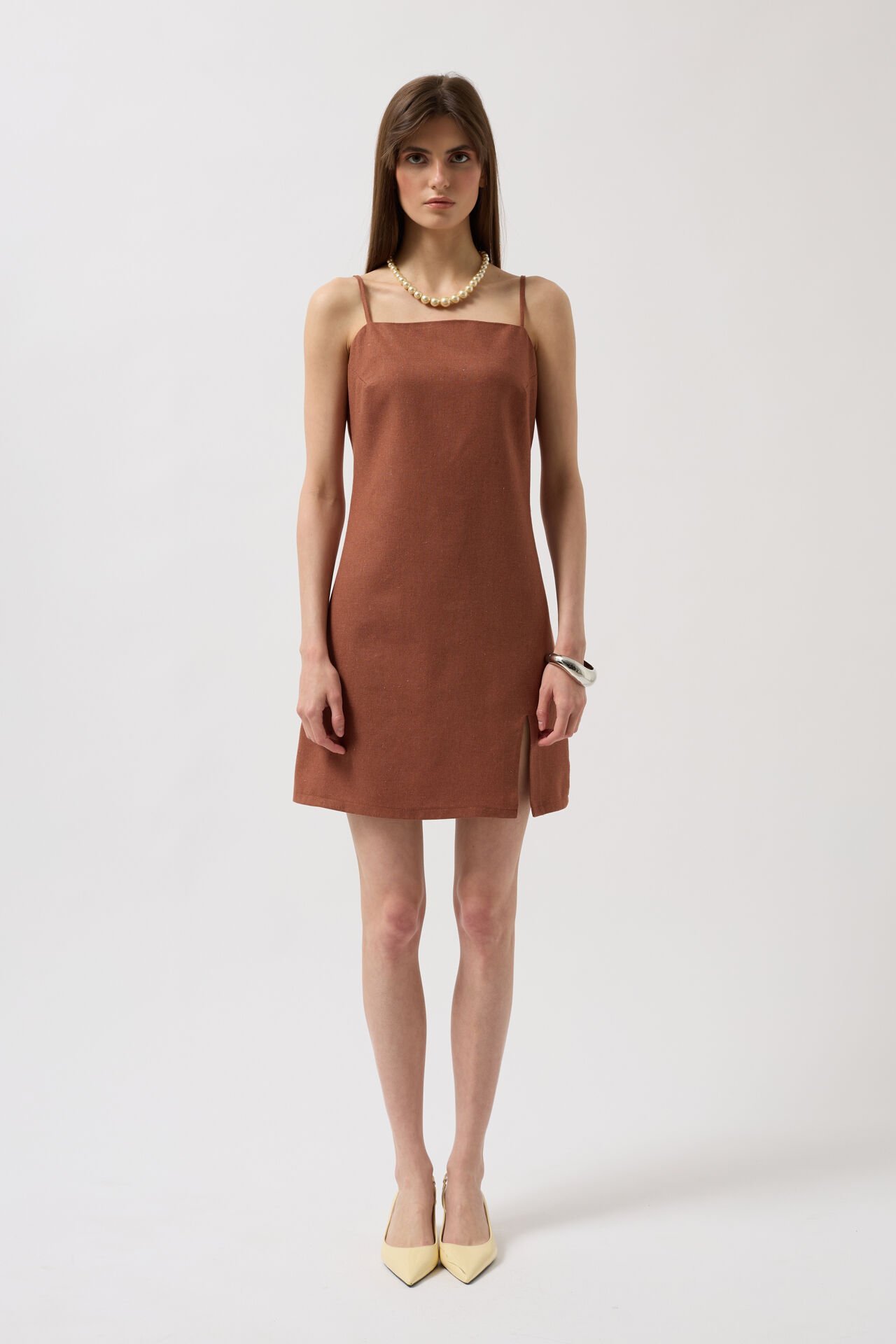 Wholesale Rope Strap Slit Detail Linen Mini Brown Dress