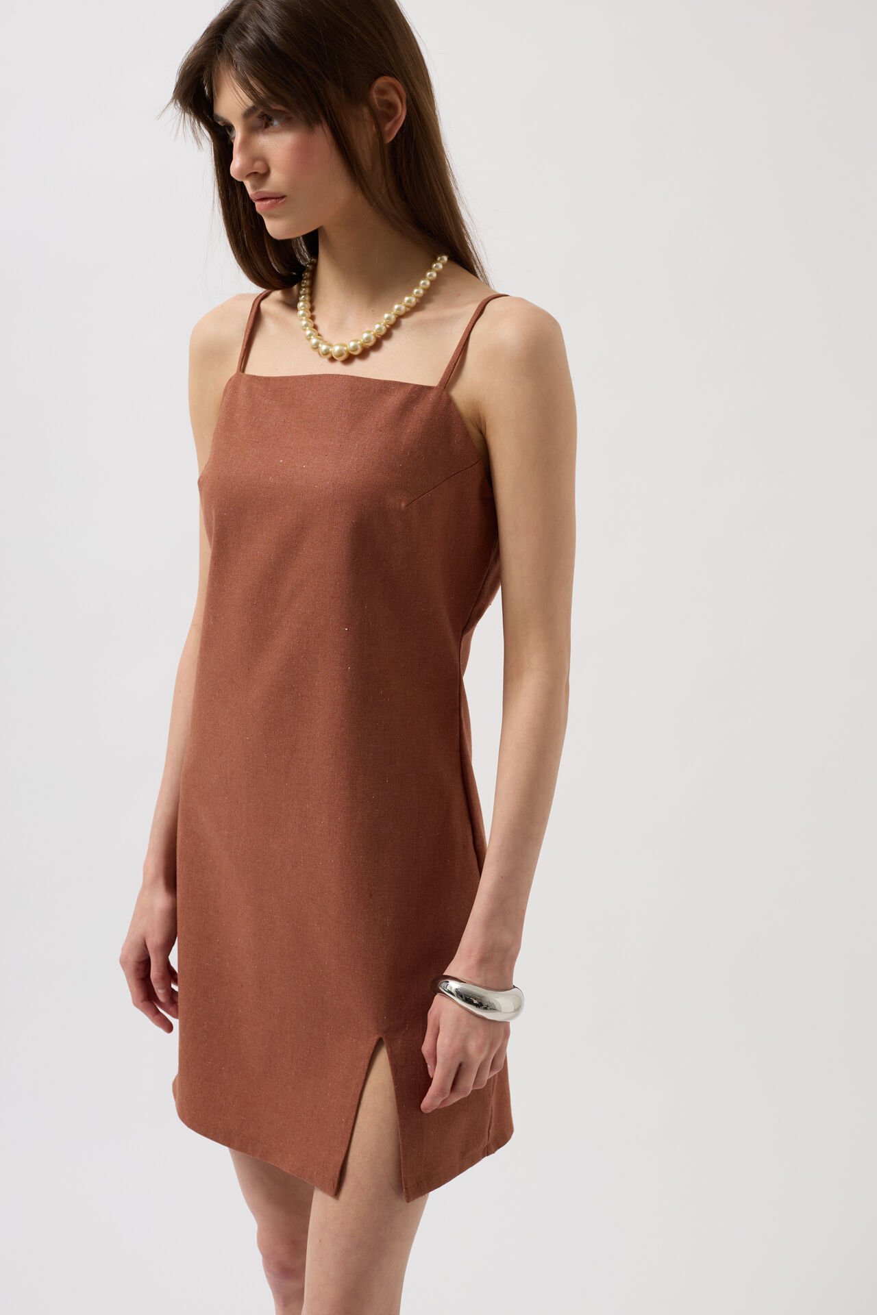 Wholesale Rope Strap Slit Detail Linen Mini Brown Dress
