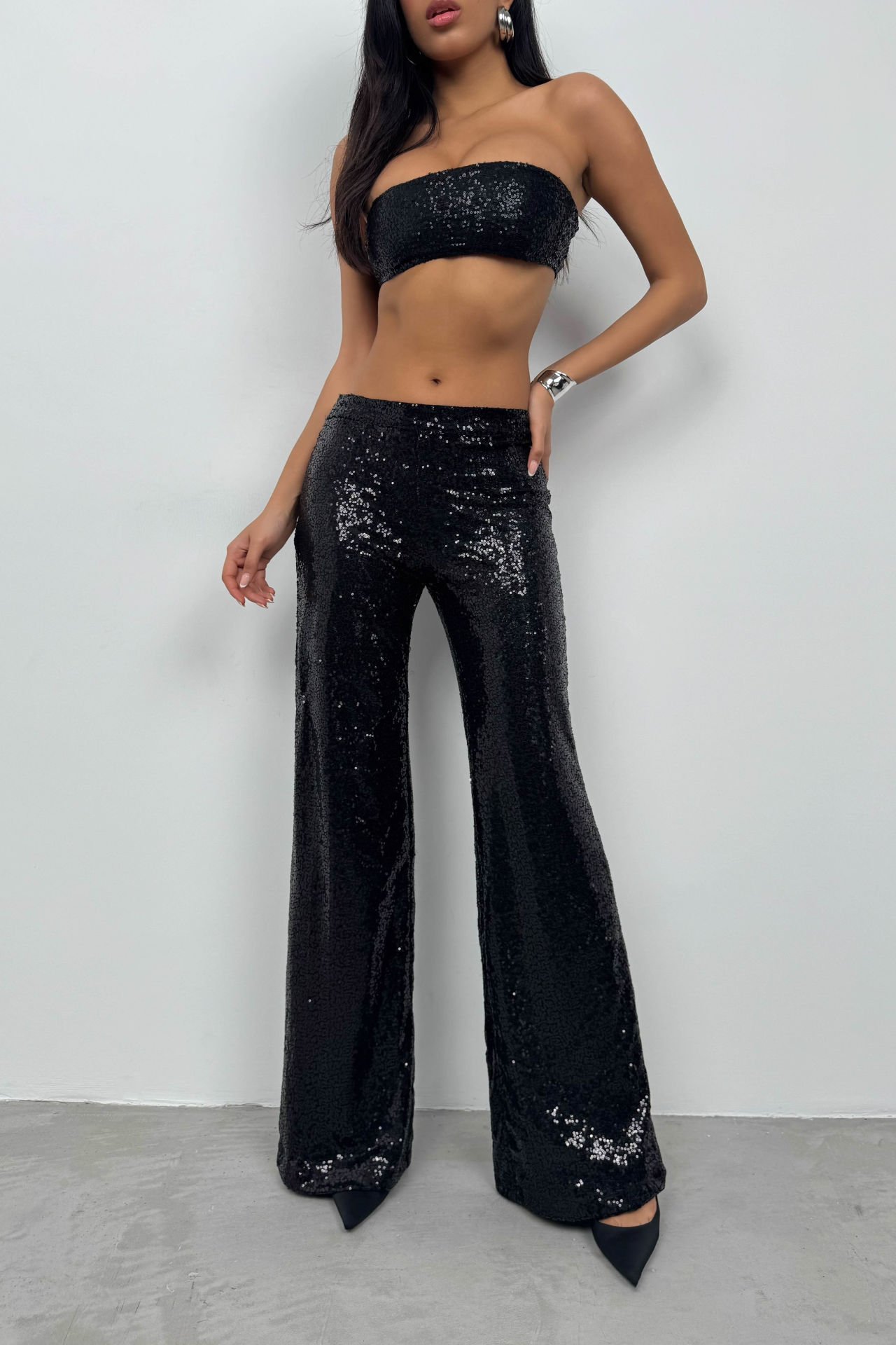 Toptan Payetli Wide Leg Pantolon