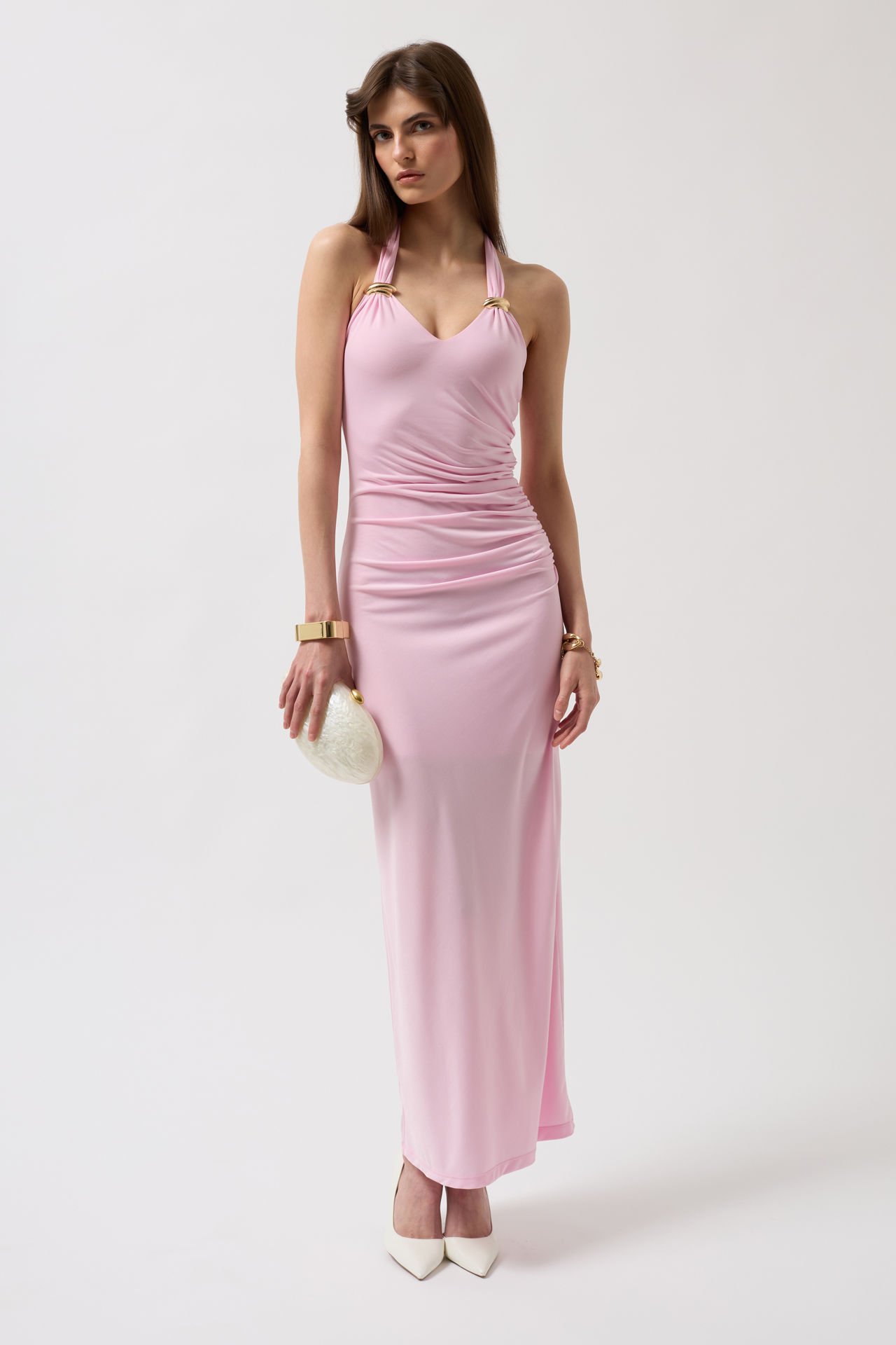 Toptan Aksesuar Detay Maxi Pembe Elbise