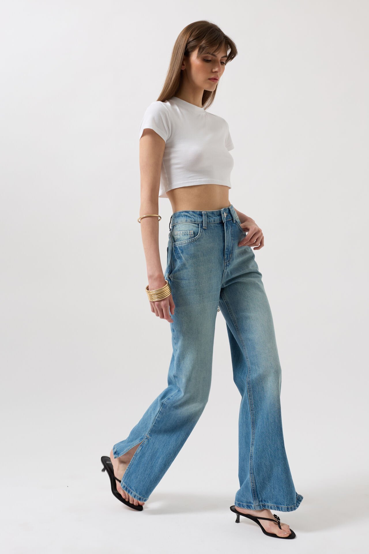 Wholesale Leg Slit High Waist Blue Jeans