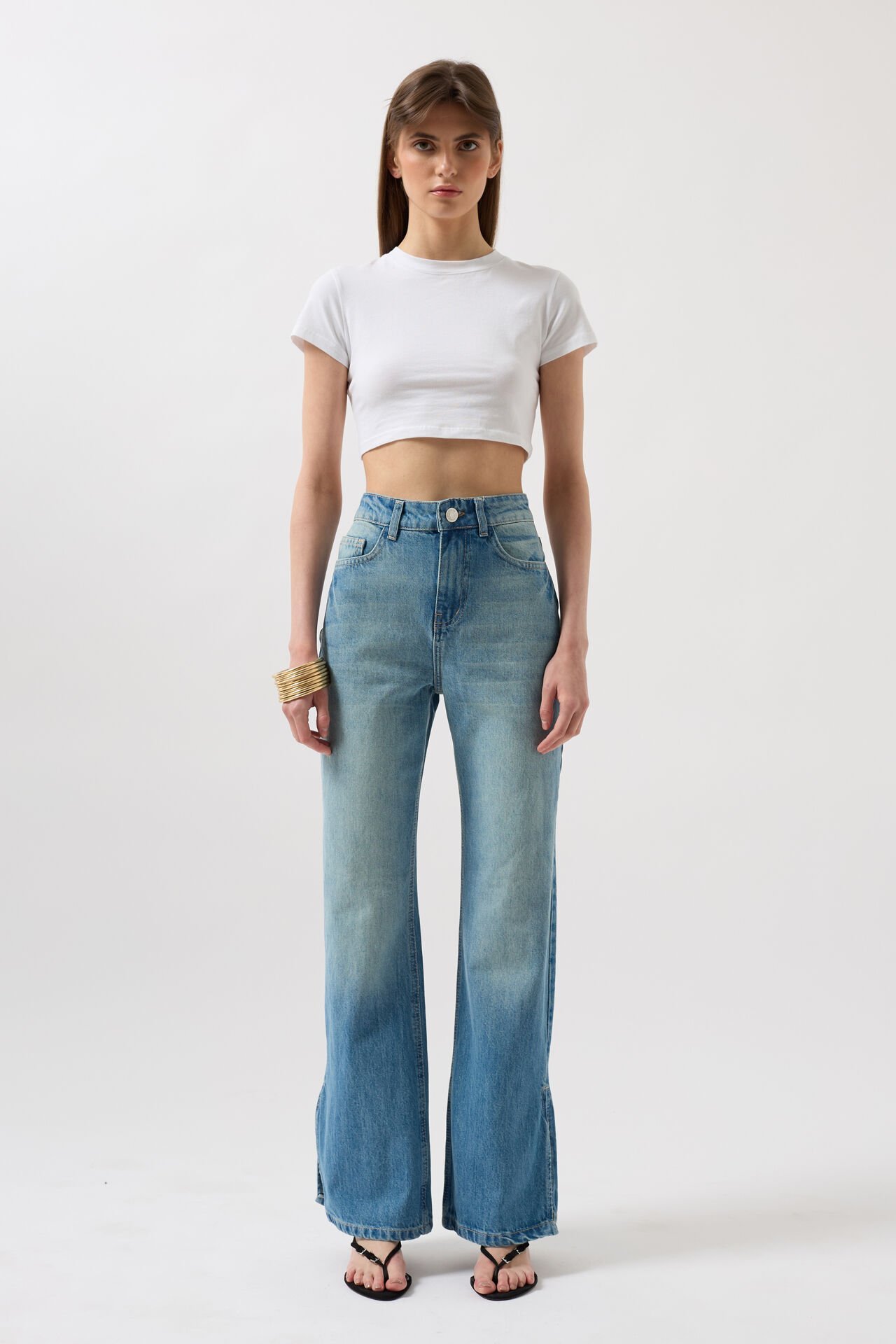 Wholesale Leg Slit High Waist Blue Jeans