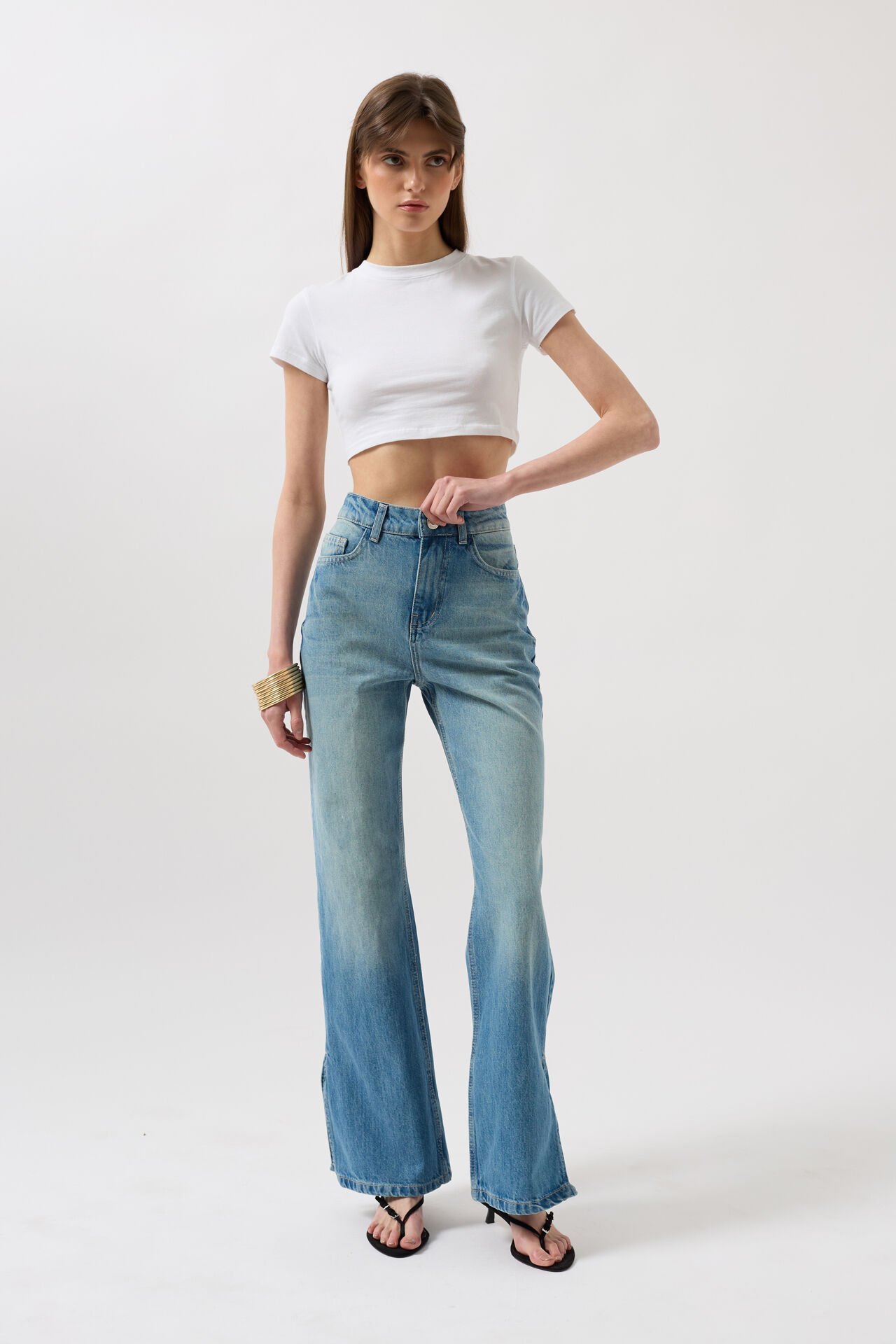 Wholesale Leg Slit High Waist Blue Jeans