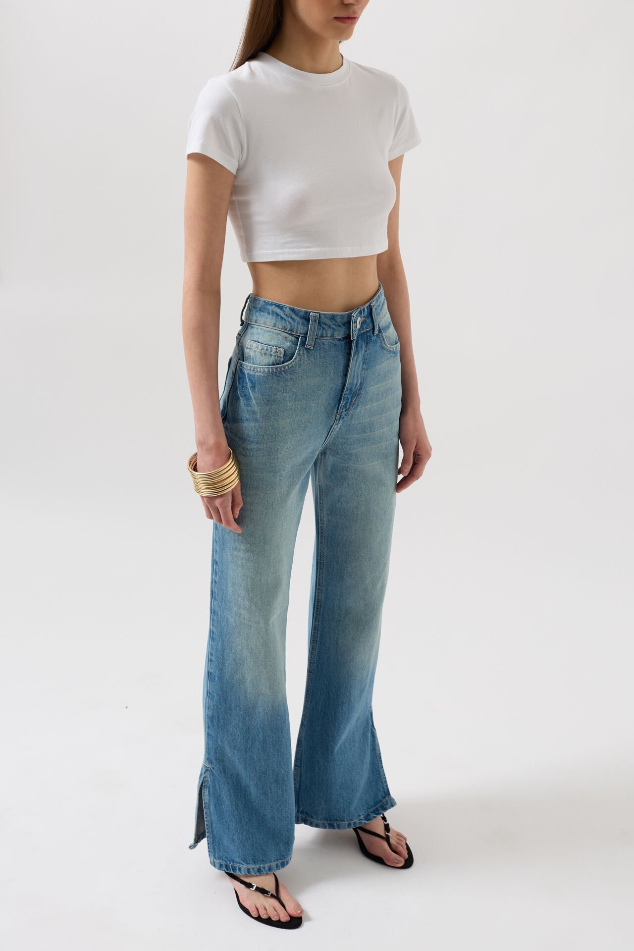 Wholesale Leg Slit High Waist Blue Jeans