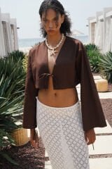 Wholesale Tie Detail Long Sleeve Brown Blouse