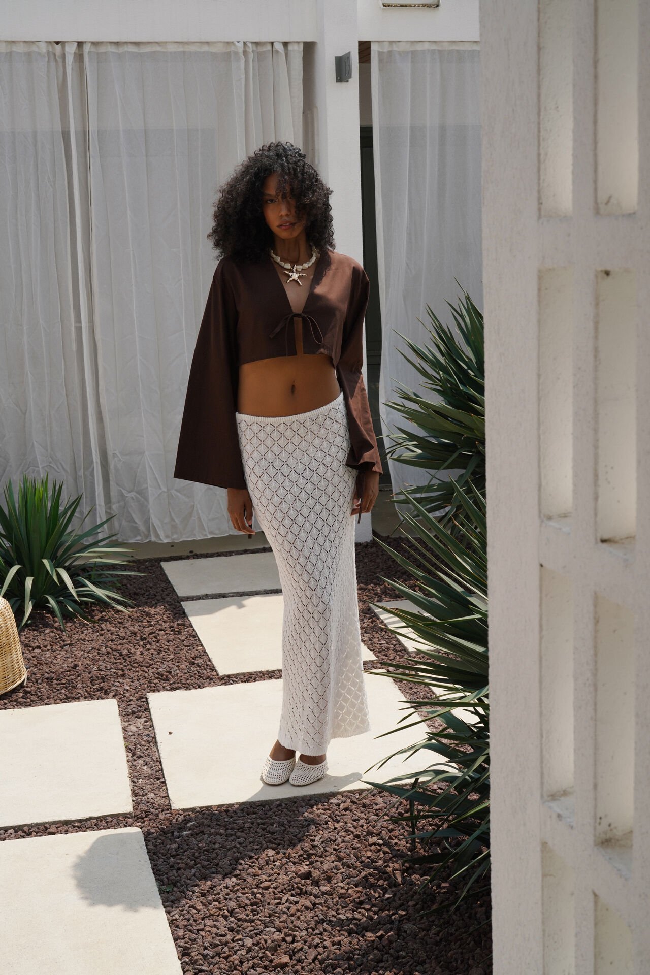 Wholesale Tie Detail Long Sleeve Brown Blouse