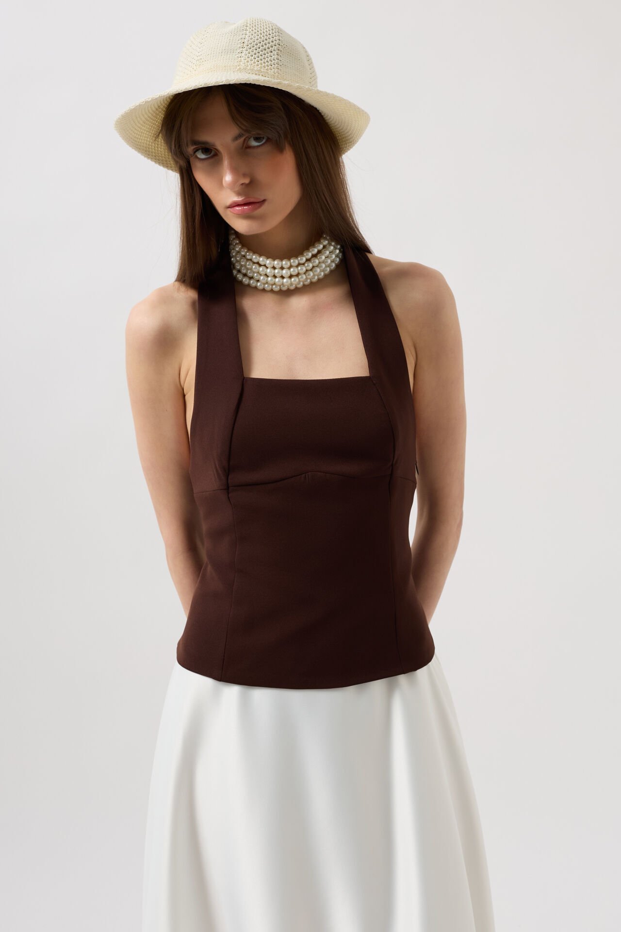 Wholesale Thick Strappy Crop Brown Blouse