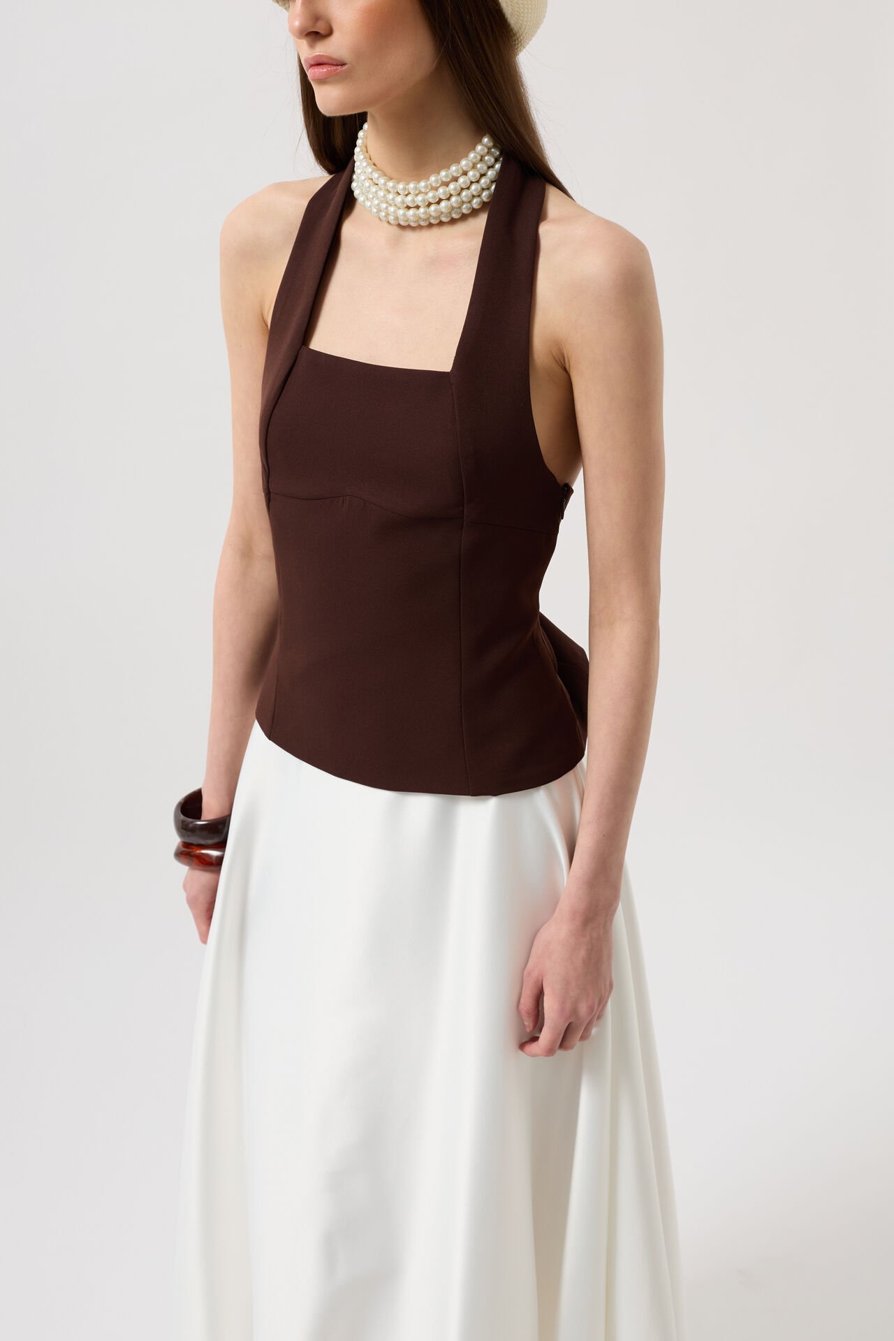 Wholesale Thick Strappy Crop Brown Blouse