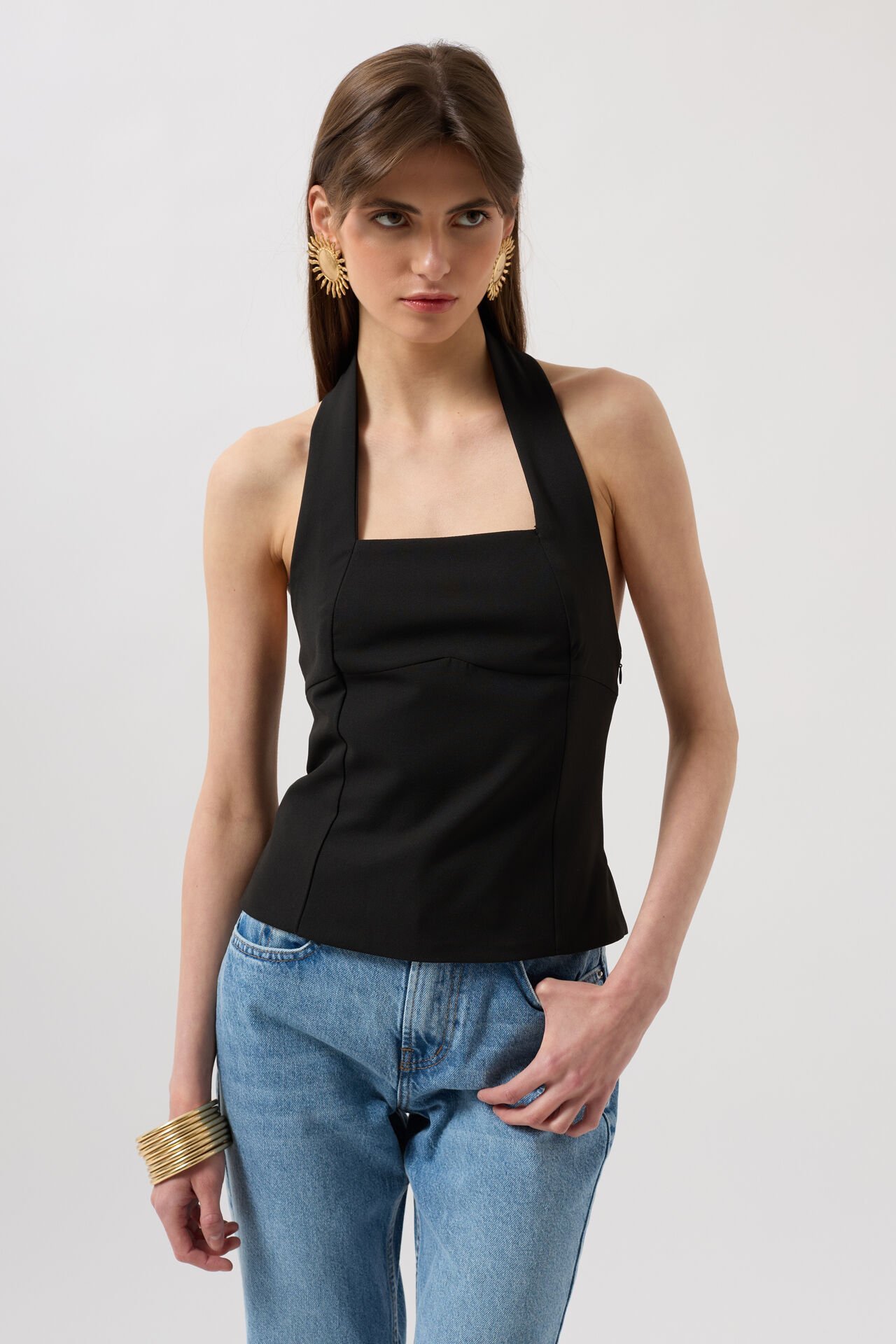 Toptan Kalın Askılı Crop Siyah Bluz