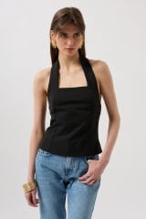 Toptan Kalın Askılı Crop Siyah Bluz