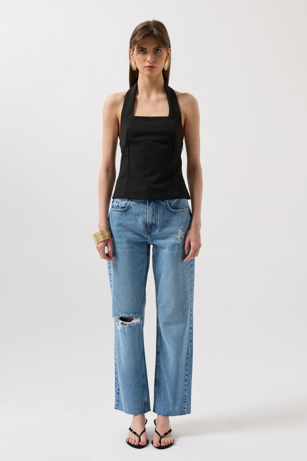 Toptan Kalın Askılı Crop Siyah Bluz