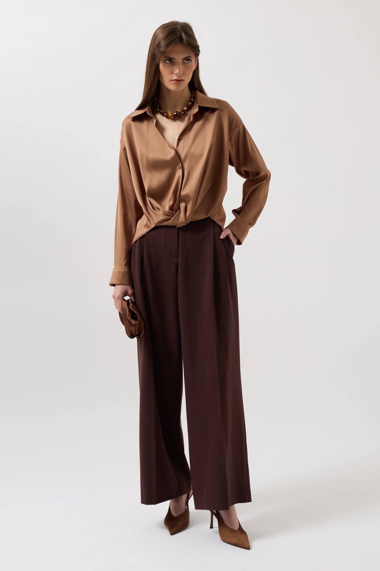 Wholesale Waist Pleated Crop Satin Beige Shirt
