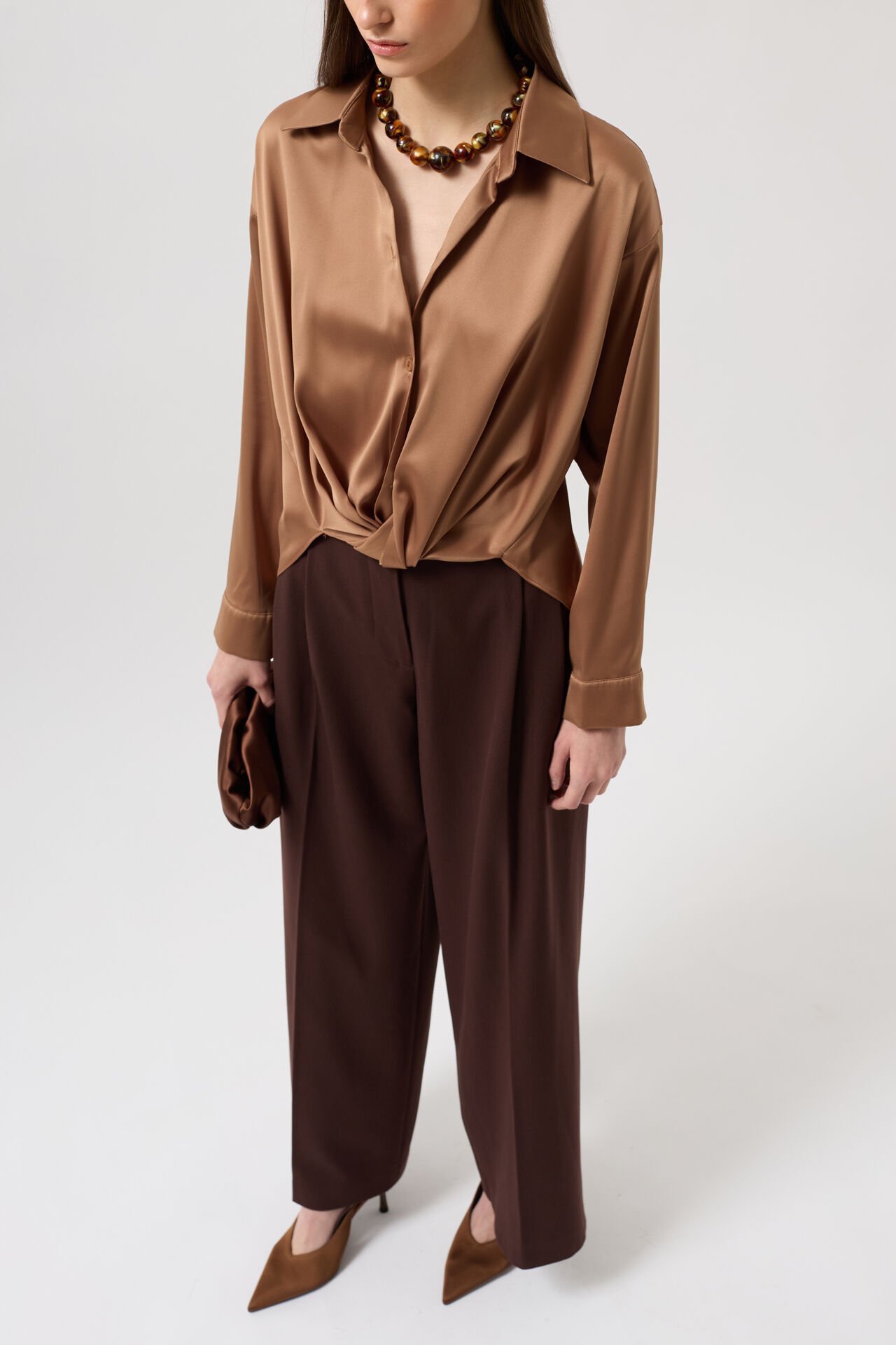 Wholesale Waist Pleated Crop Satin Beige Shirt