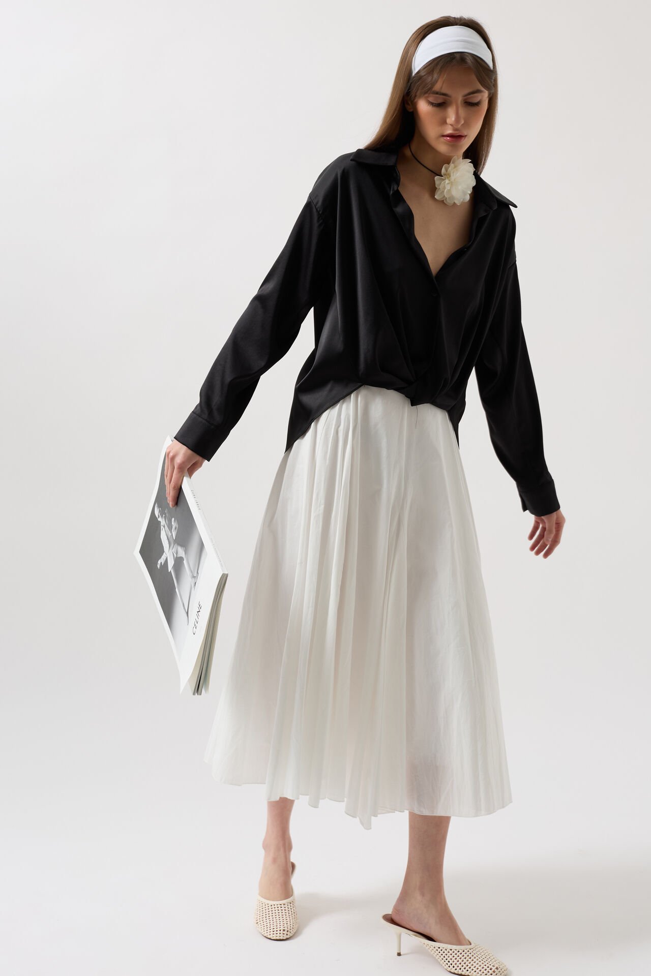 Wholesale Waist Pleated Crop Satin Black Shirt