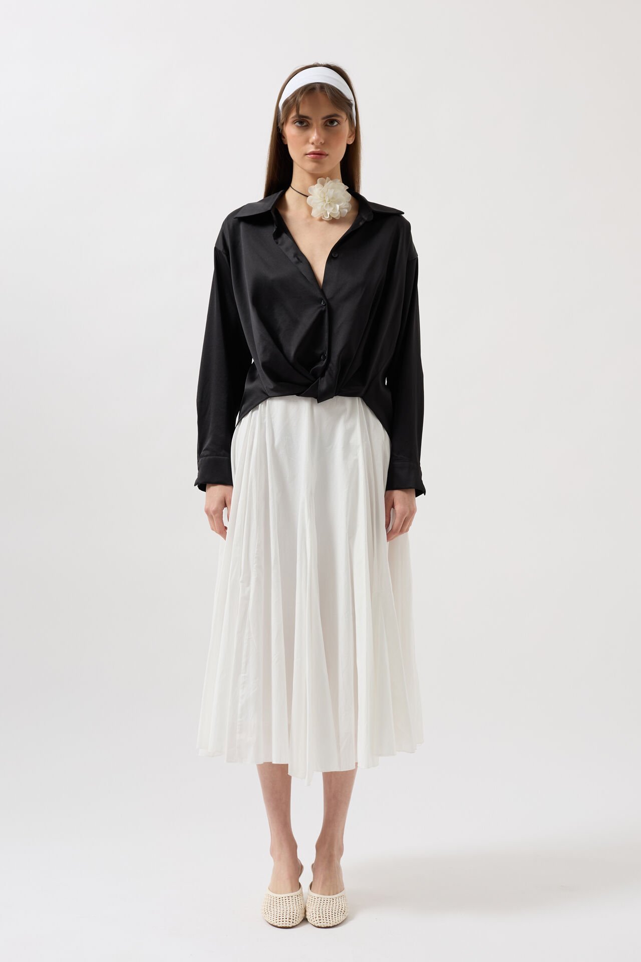 Wholesale Waist Pleated Crop Satin Black Shirt