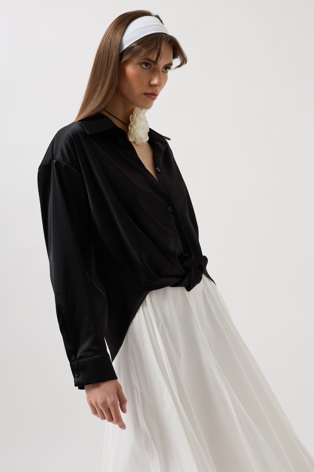 Wholesale Waist Pleated Crop Satin Black Shirt