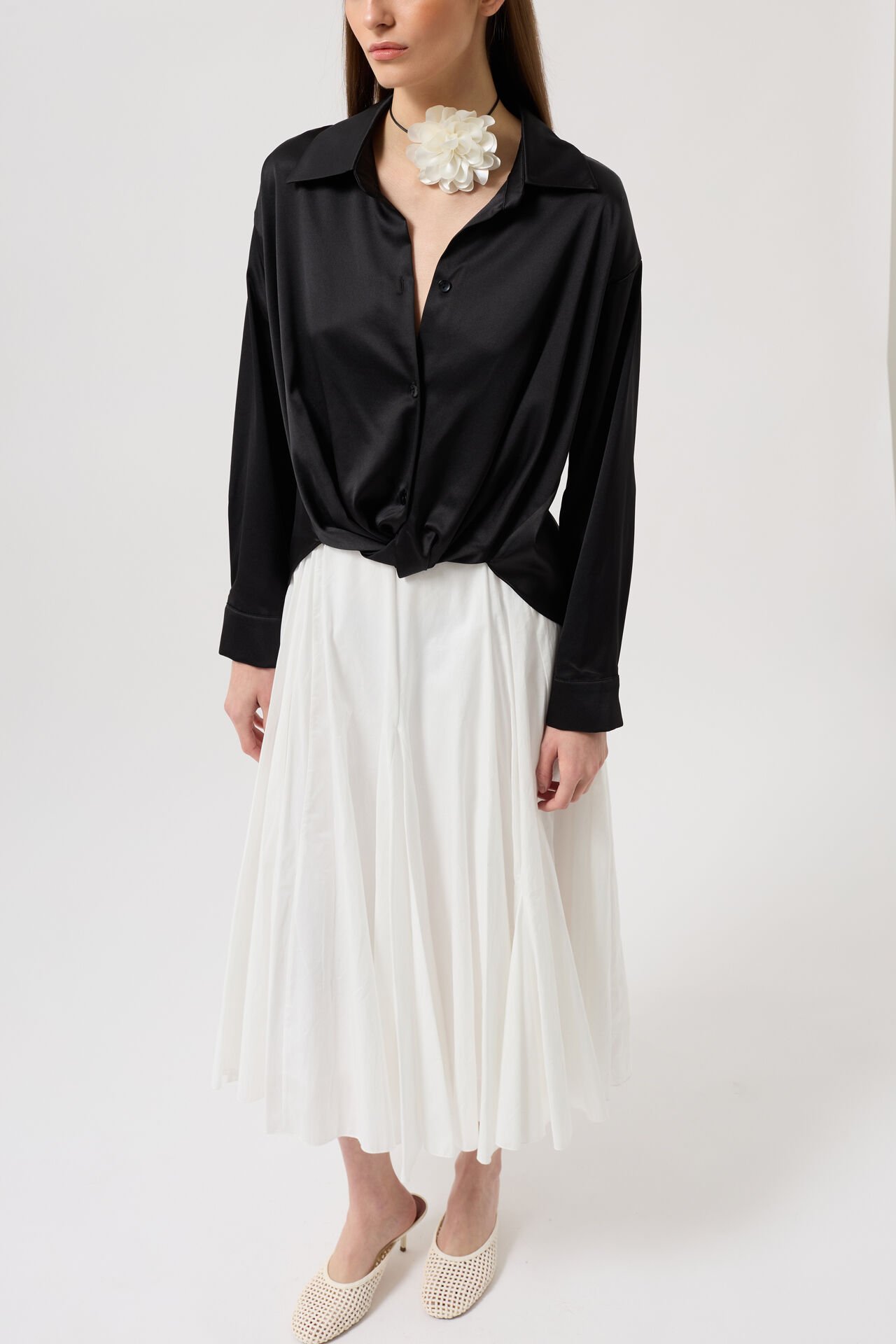 Wholesale Waist Pleated Crop Satin Black Shirt