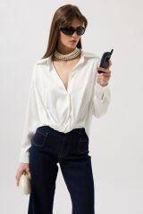 Toptan Bel Büzgülü Crop Saten Beyaz Gömlek