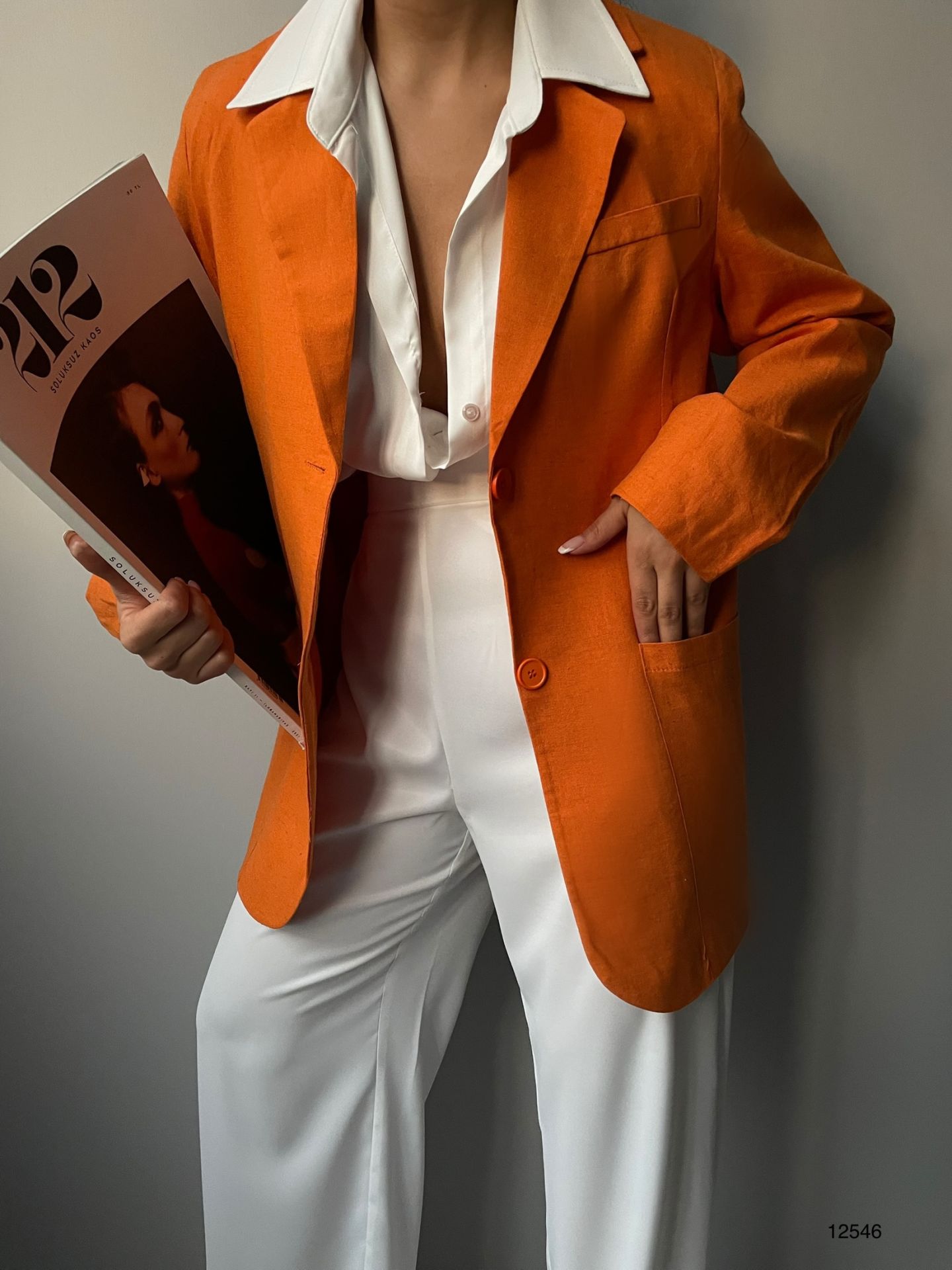 Toptan Oversize Turuncu Keten Ceket