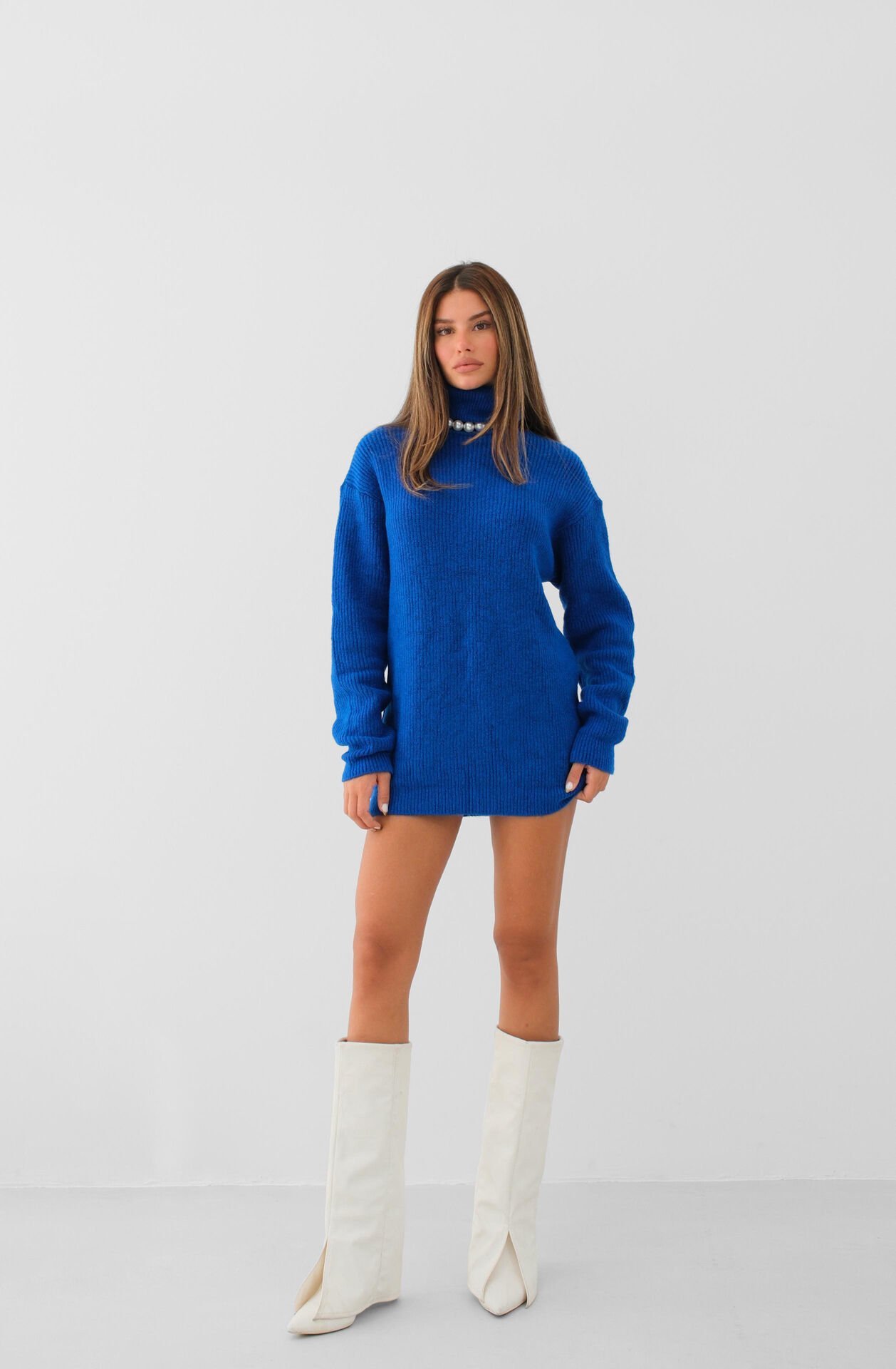 Toptan Oversize Balıkçı Yaka Mavi Triko Tunik