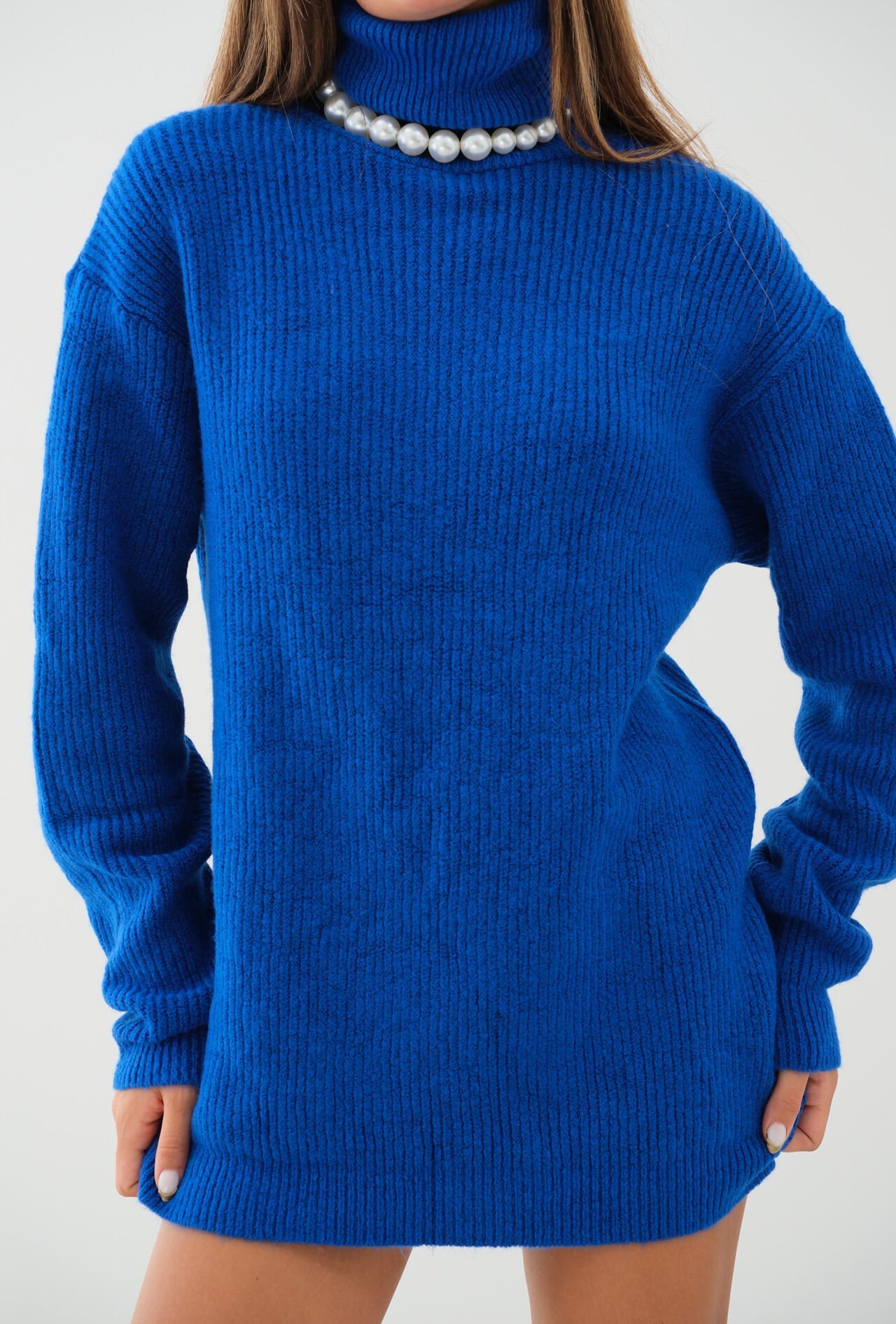 Toptan Oversize Balıkçı Yaka Mavi Triko Tunik
