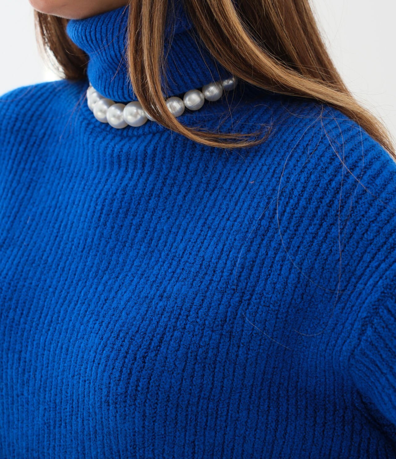 Toptan Oversize Balıkçı Yaka Mavi Triko Tunik