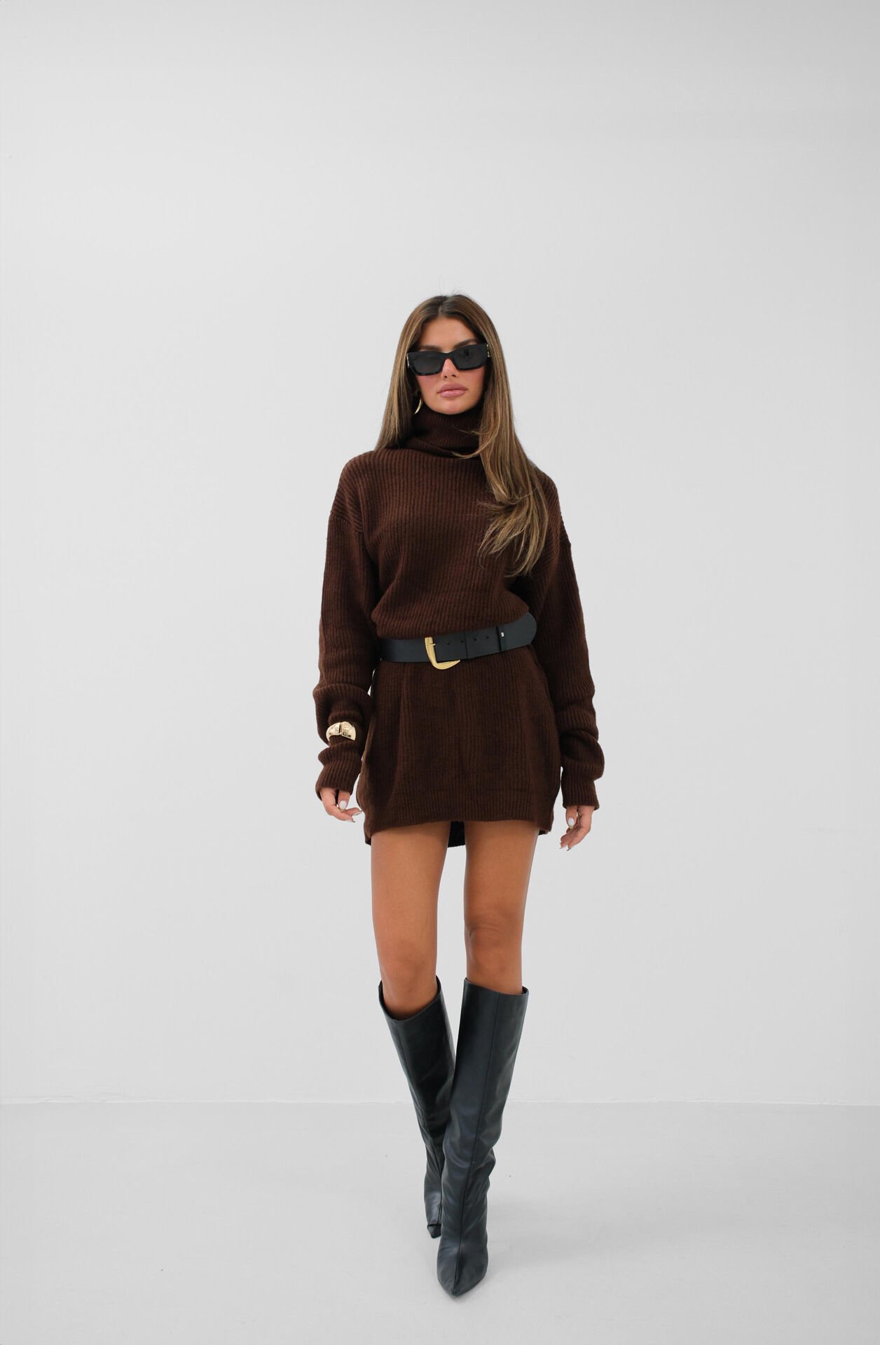 Toptan Oversize Balıkçı Yaka Kahverengi Triko Tunik
