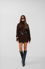 Toptan Oversize Balıkçı Yaka Kahverengi Triko Tunik